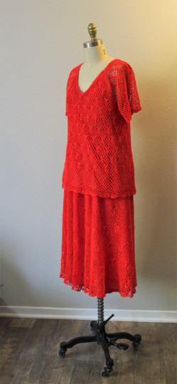 Vintage 1970s Thumbs Up Red Crochet Lace Acrylic Knit Skirt Top Blouse Dress Set