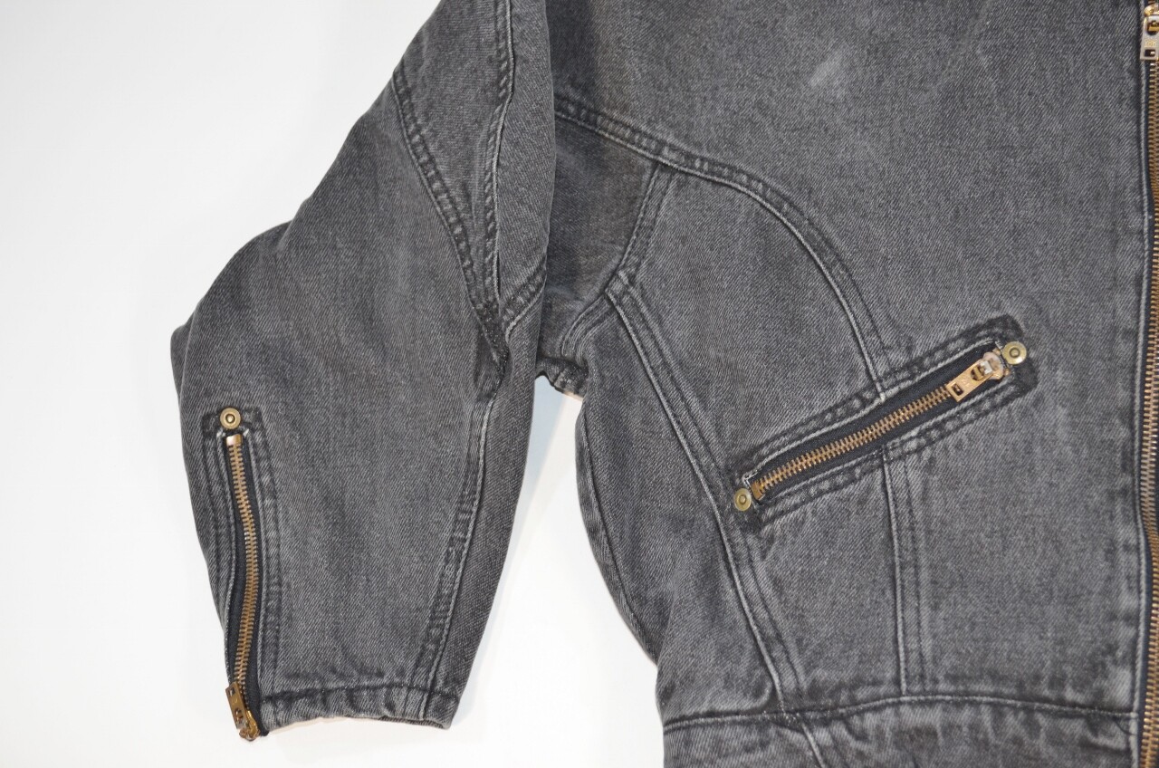 VTG 80s 90s Oxygen Denim Jacket Grey Full Zip Bat Sleeve Back Waist Elastic S