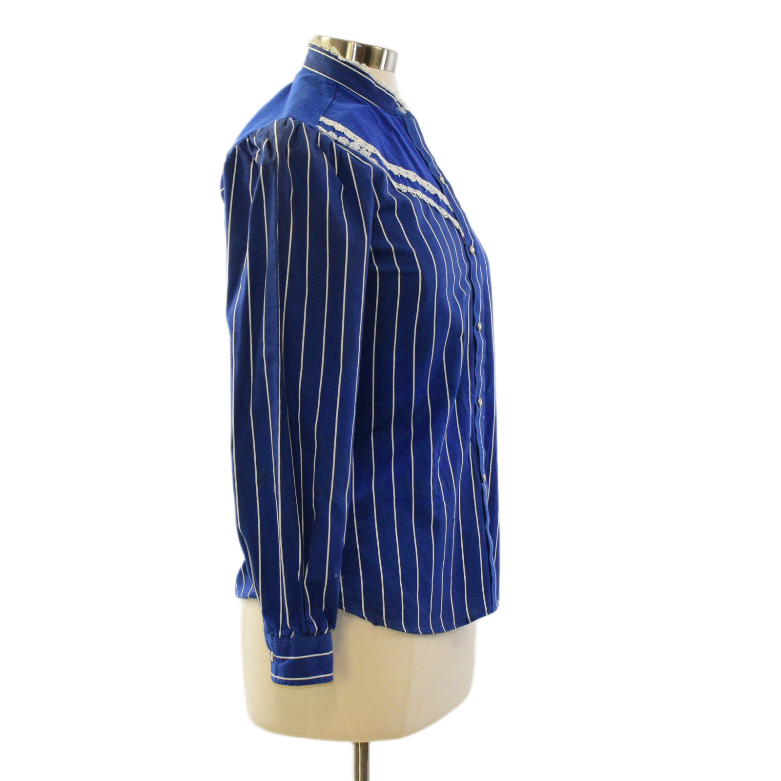 70s Vintage Blue Western Pearl Snap Shirt Womens M Lace Trim Pin Stripe Prairie