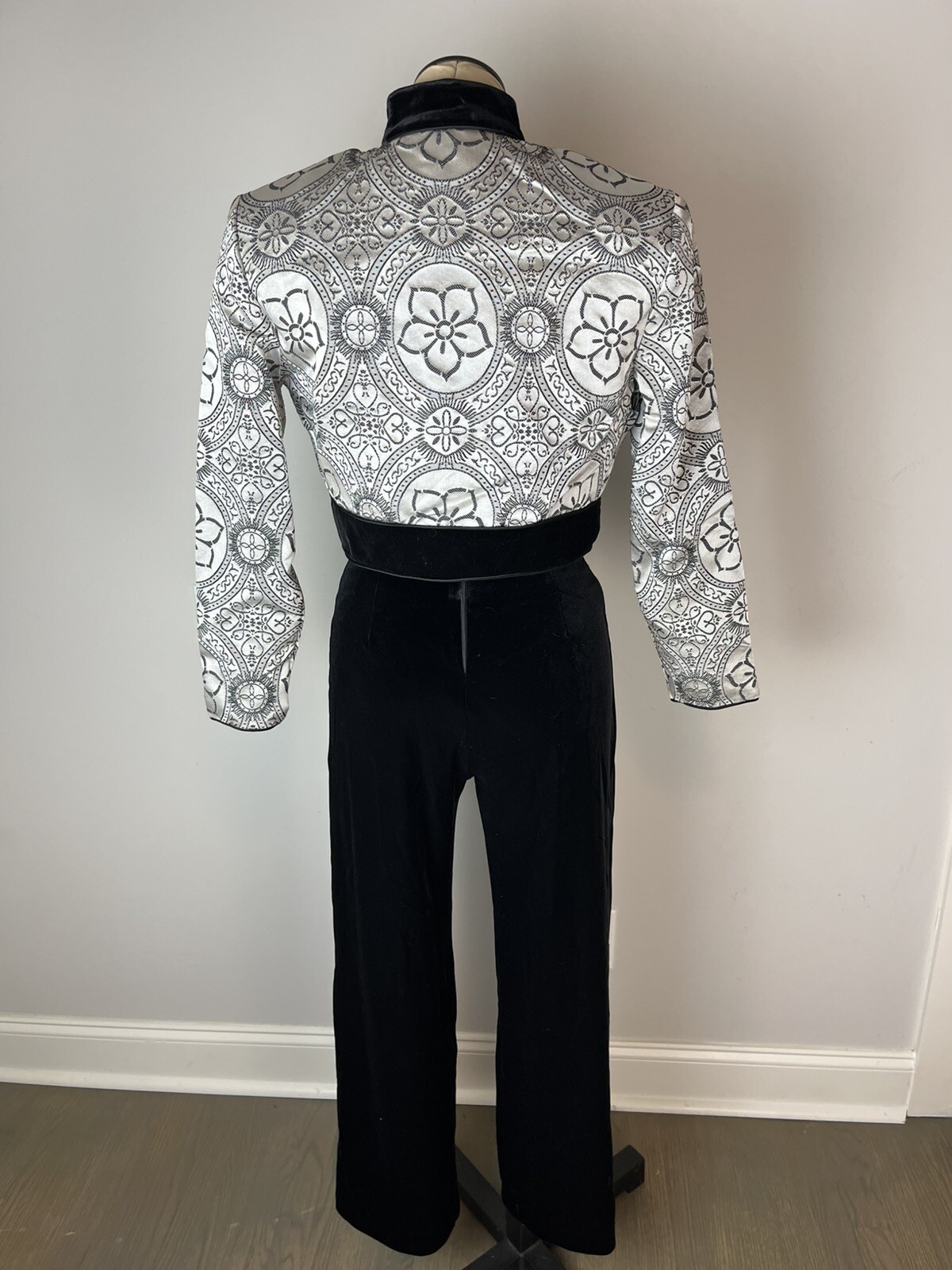 Vintage Cache Velvet Jumpsuit Brocade Jacket Set 6 Black Silver Mesh Midriff
