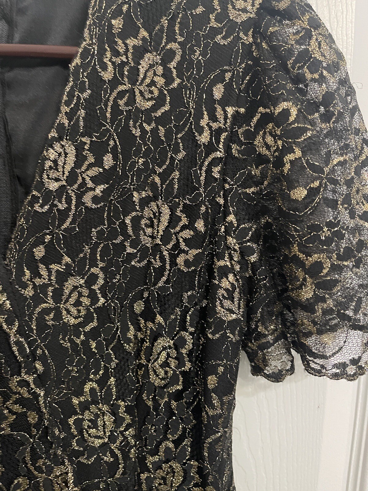 Vintage Maximalist Black Gold Lace Formal Party Dress 80s Prom Medium 8-10 Goth
