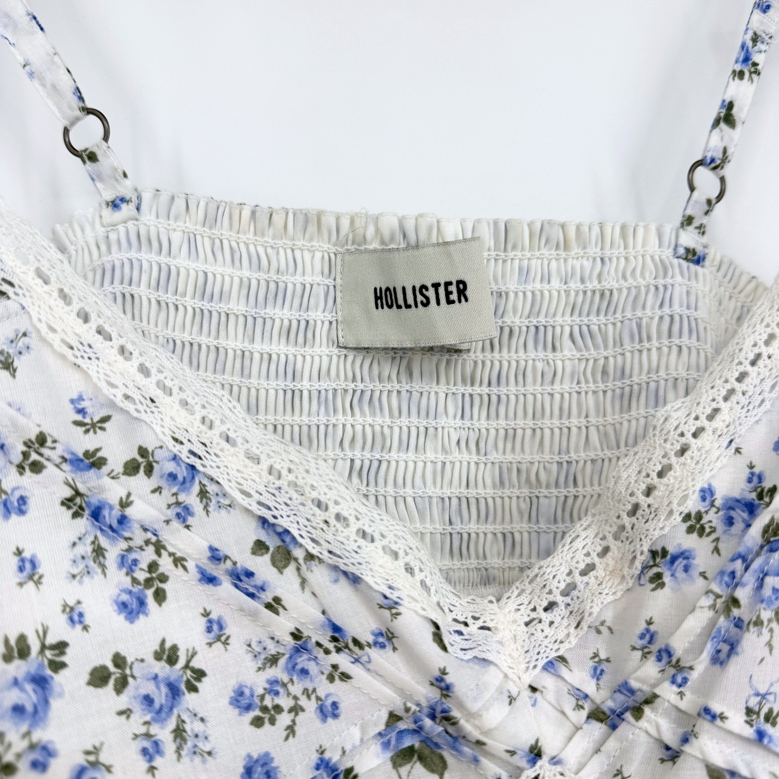 Hollister Blue Floral Babydoll Lace Trim Cami Top Sz M Handkerchief Hem Fairy