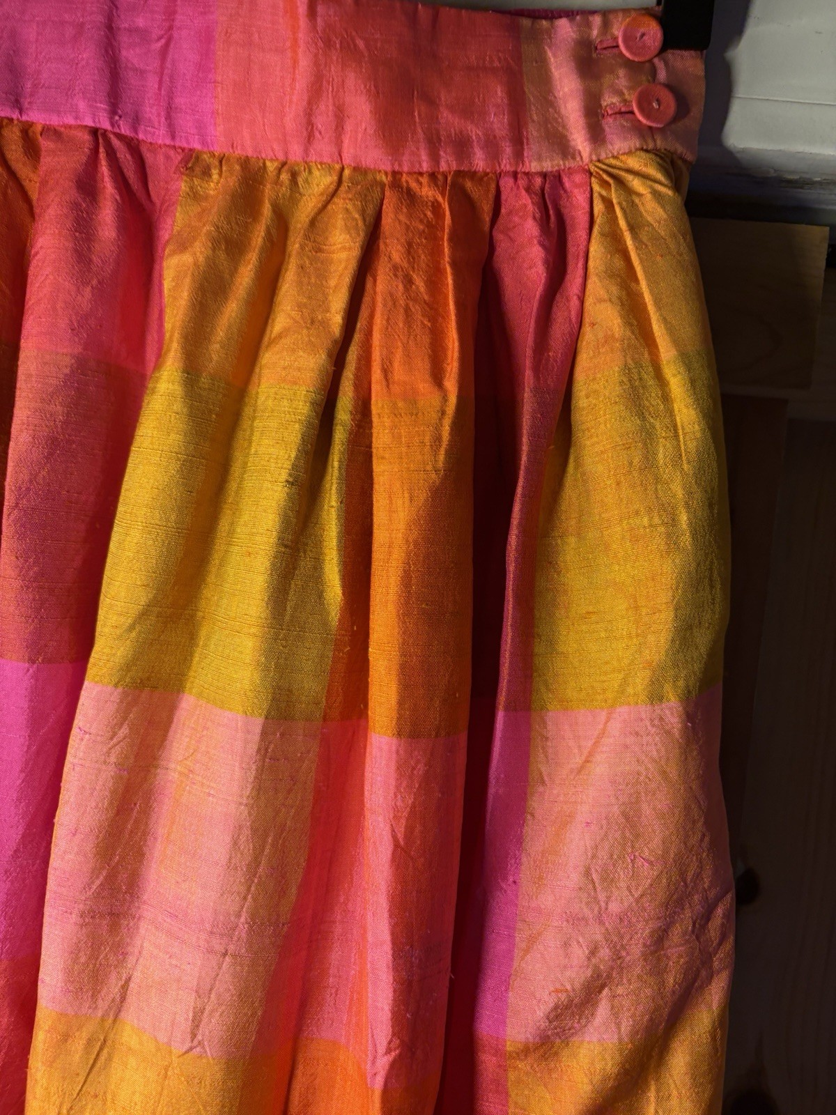 1970s vivid orange and pink plaid maxi skirt Waist 23” 3XS-2XS RETRO MAGIC