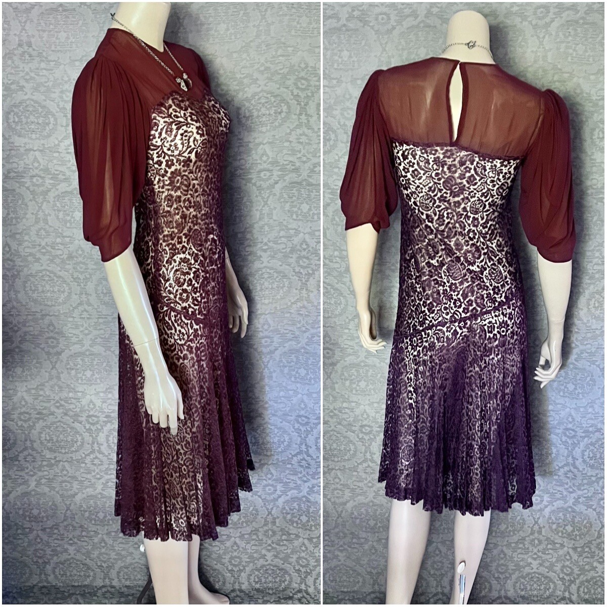 Charming 1930s Plum Silk Lace, Chiffon Occasion Dress, Excellent, Petite, Small