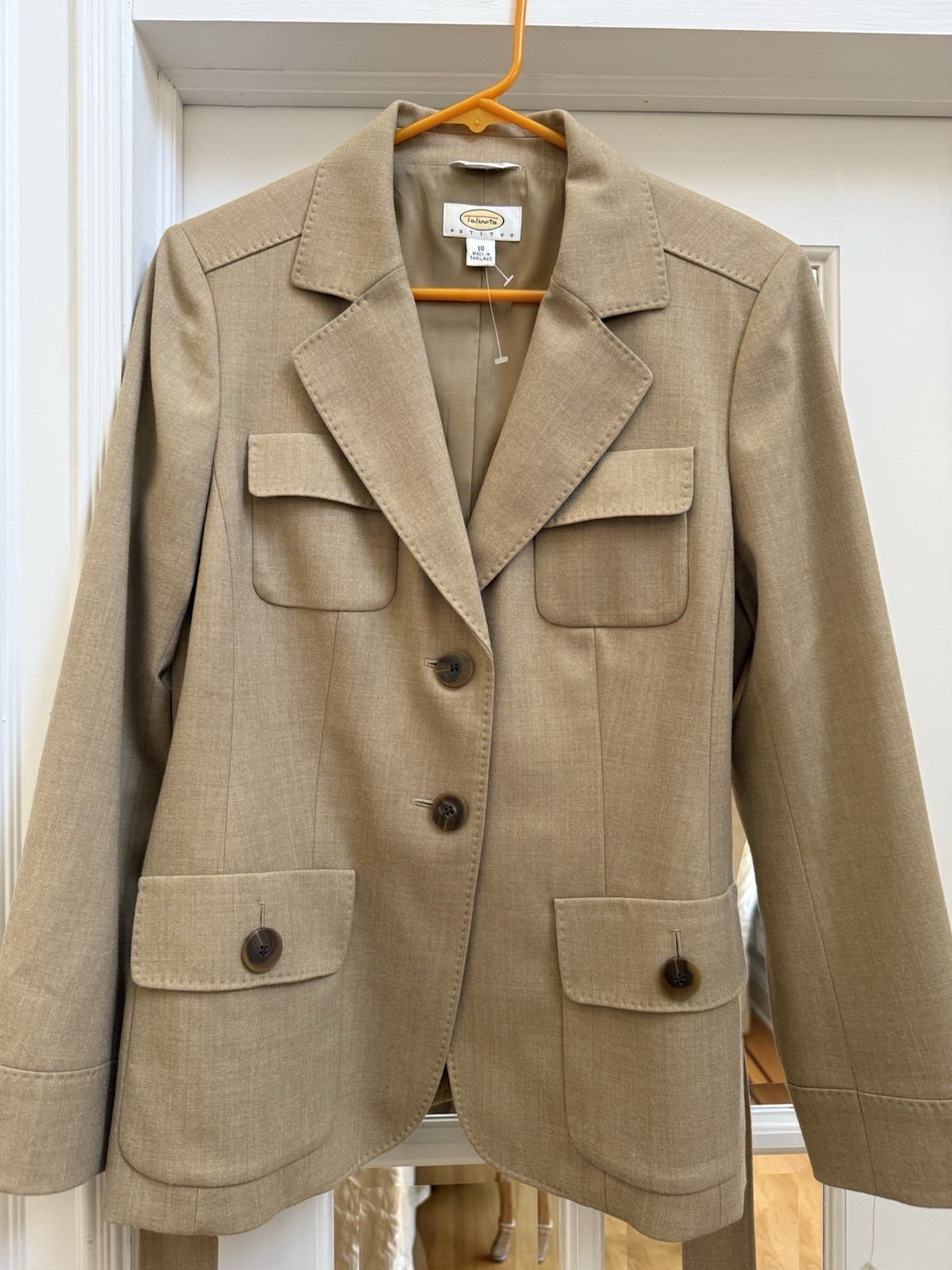 Talbots Tan 99% Wool 1% Lycra Spandex Button And Tie Front Blazer Size Petite 10