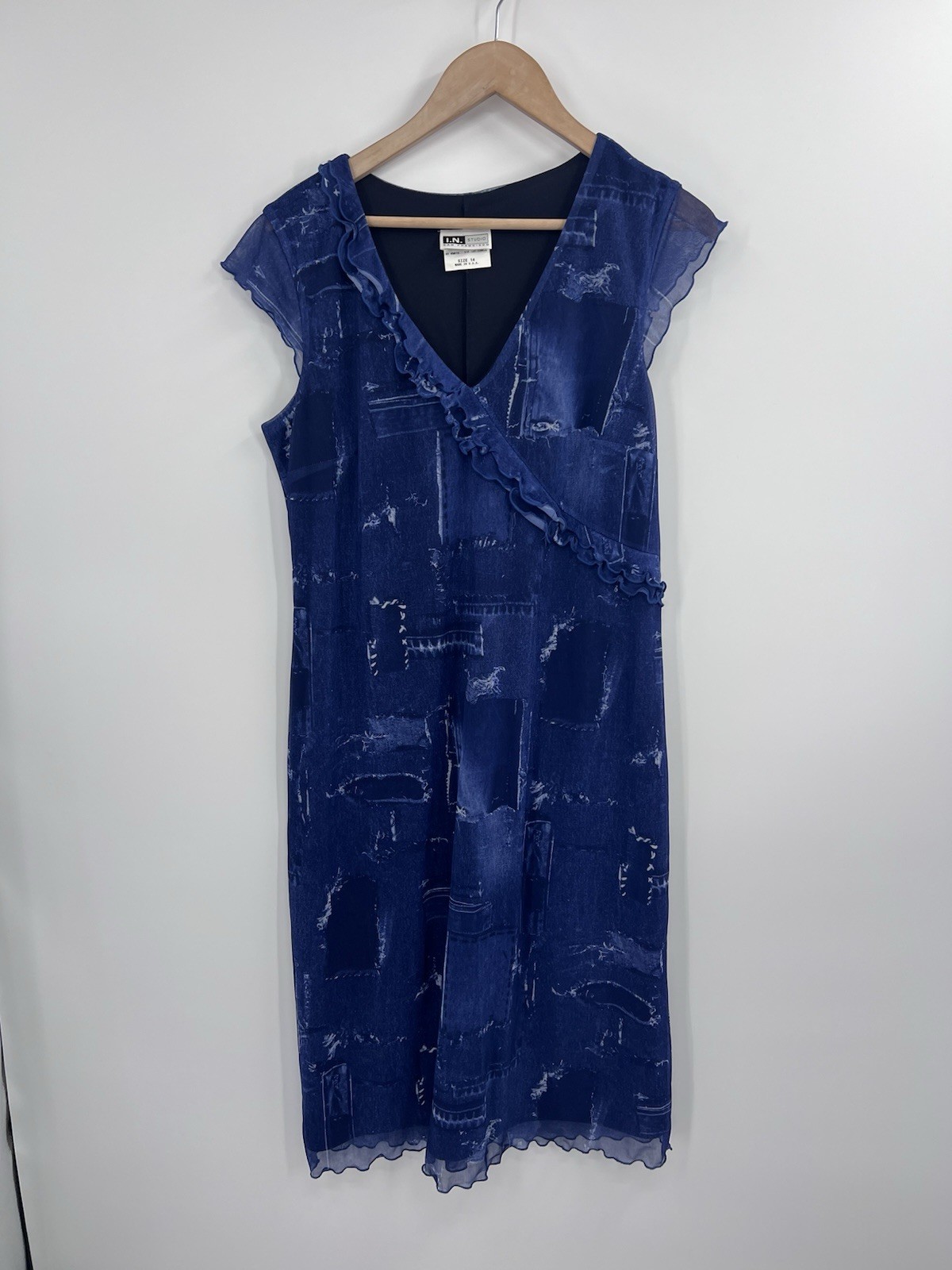 VTG Y2K 90s I.N. Studio Denim Look Lettuce Hem Midi Dress 14 USA Made