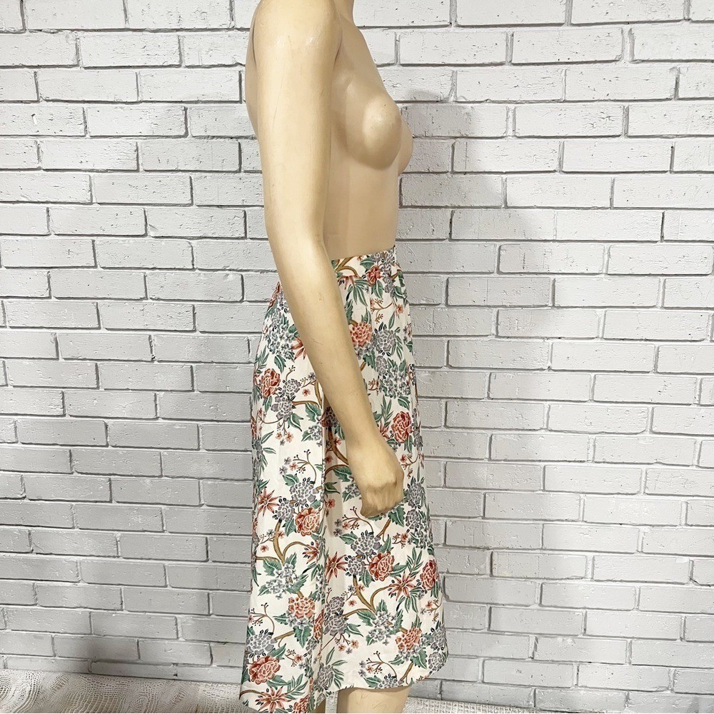 Vintage Floral Midi Skirt Cream Peach Green Botanical A-Line High Waist | Size 8