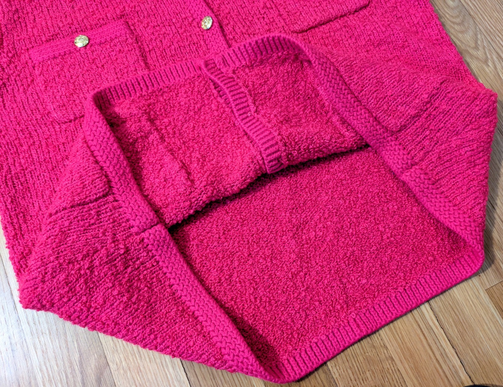 Vintage 80s TANNER Neon Pink/Gold Button Acrylic Cardigan Women’s sz M *EUC!*