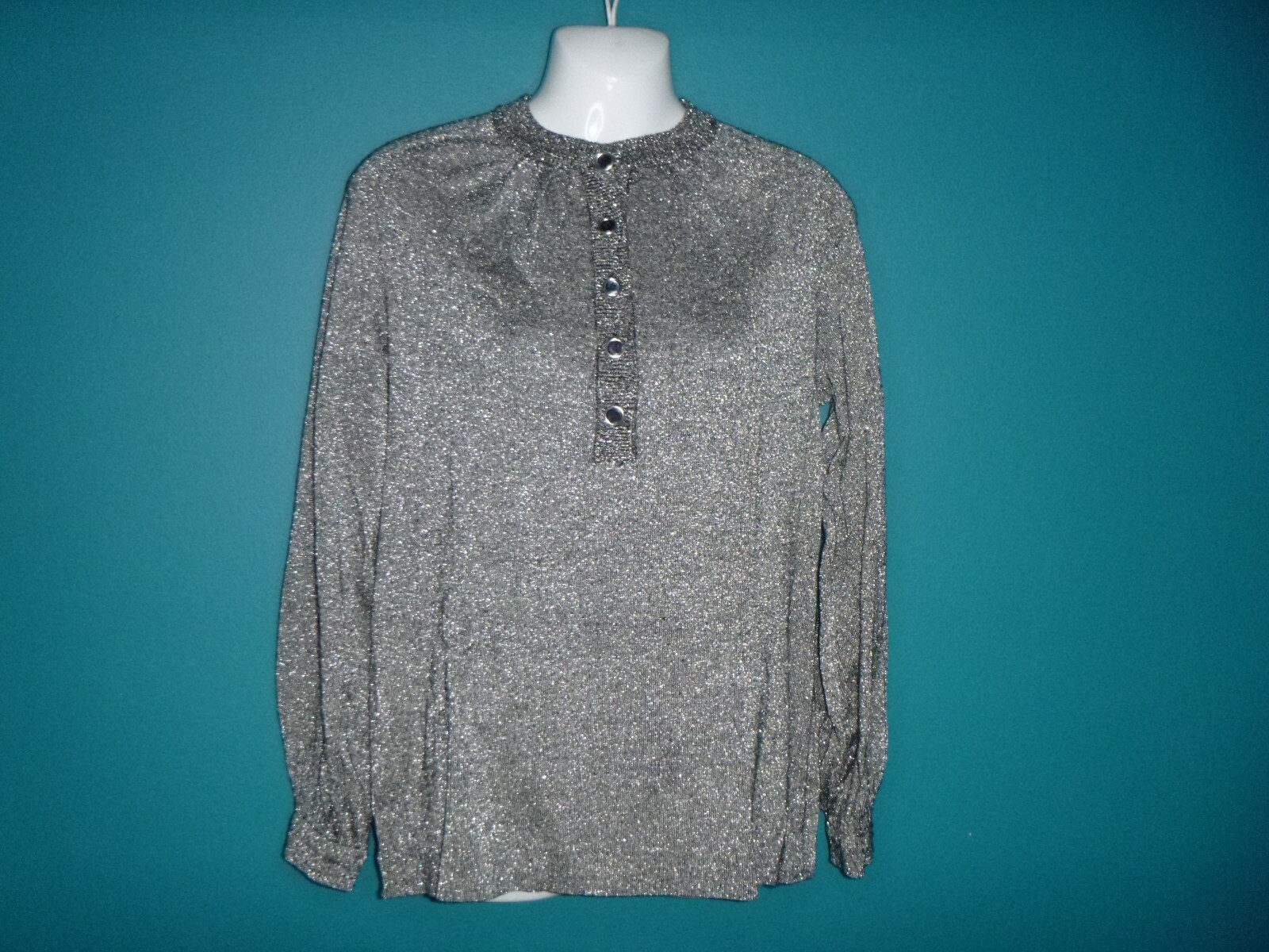 Vtg LeRoy Knitwear Black Silver Lurex Metallic Threads Long Sleeve Sweater Sz M