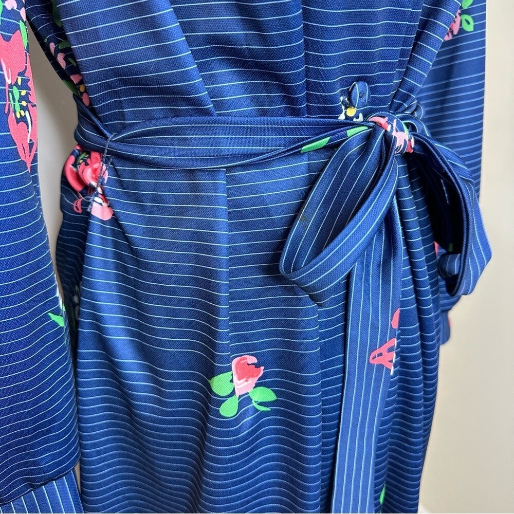 Vintage 70s Floral Striped Retro Belted Button Through Dress