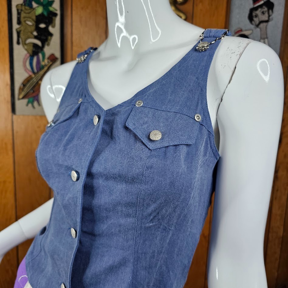 Vtg 90s do 70s Cowgirl Renaissance Western Chambray Denim Vest Hillbilly Top XS