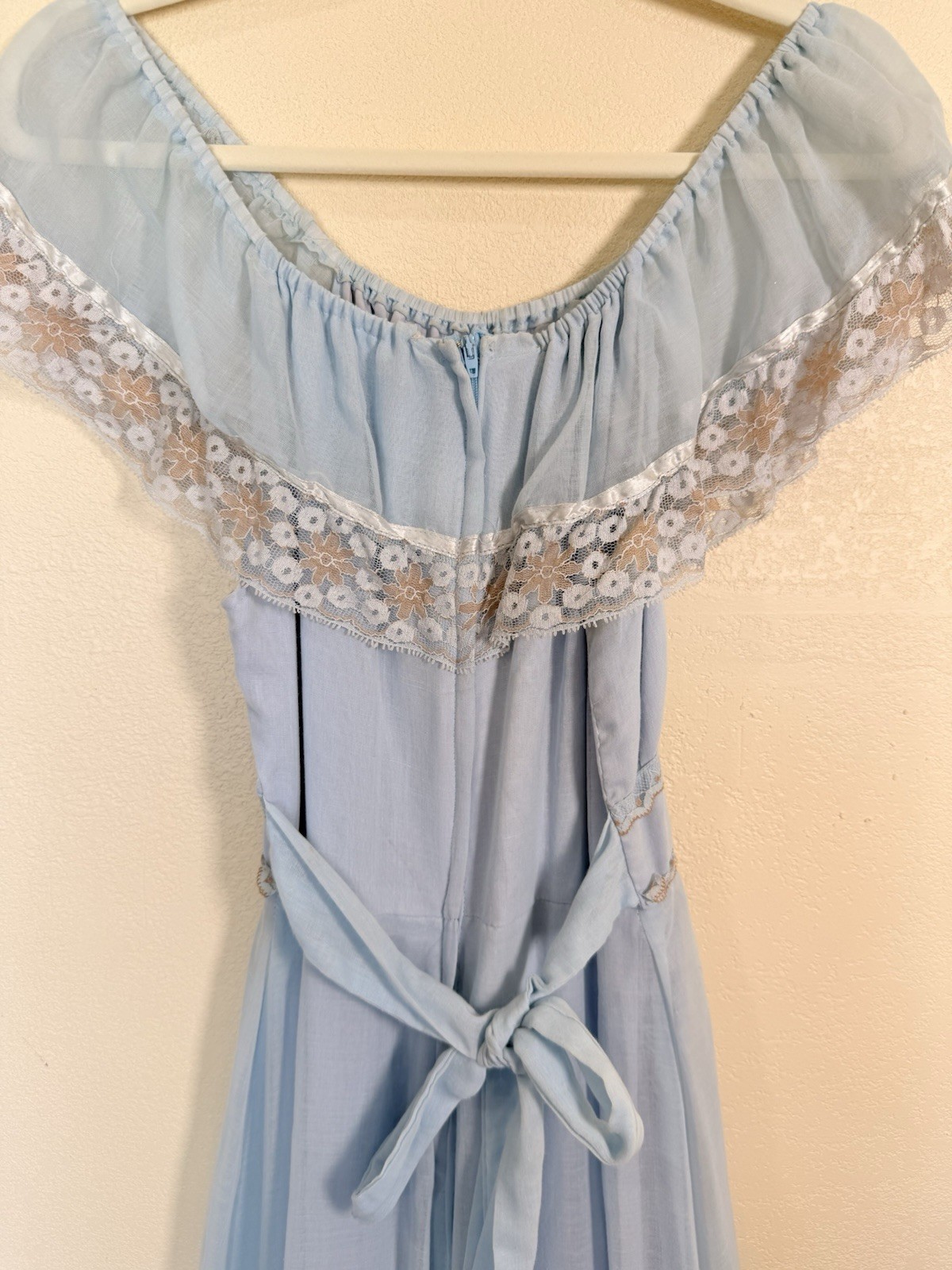 Vintage 70s Prairie Cottagecore Blue Lace Maxi Dress Off Shoulder Small