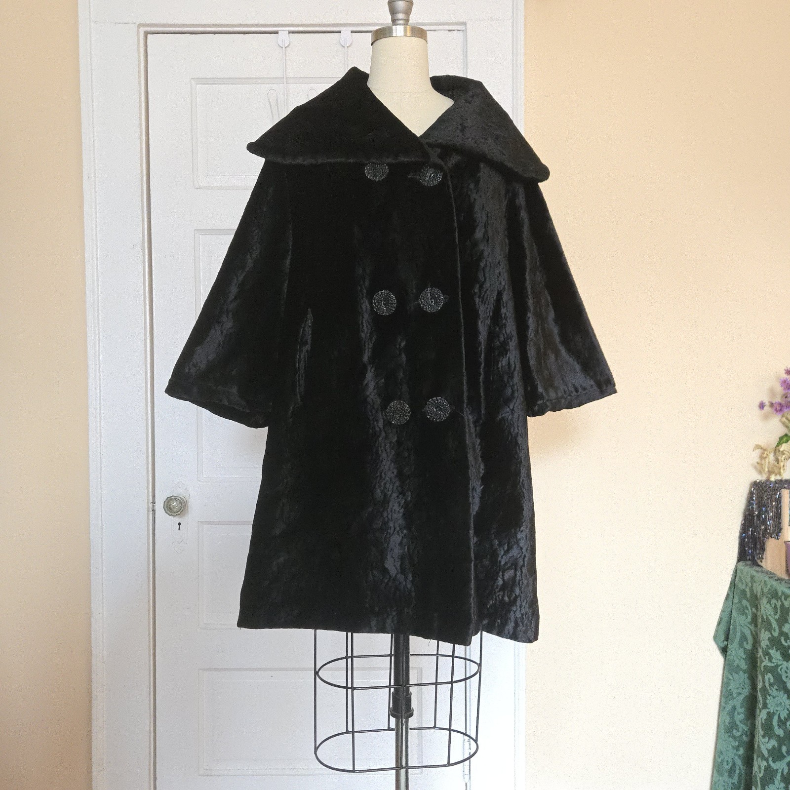 1960s Vintage Swing / Opera Coat Black Faux Fur ILGWU Union Made Double Breasted