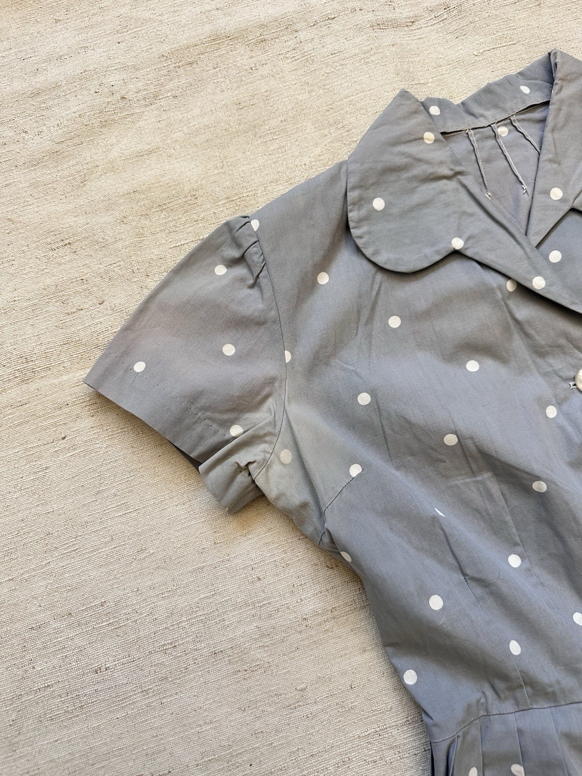 1950s Vintage Handmade French Cotton Farm Chore Dress Polkadot Grey Faded Small