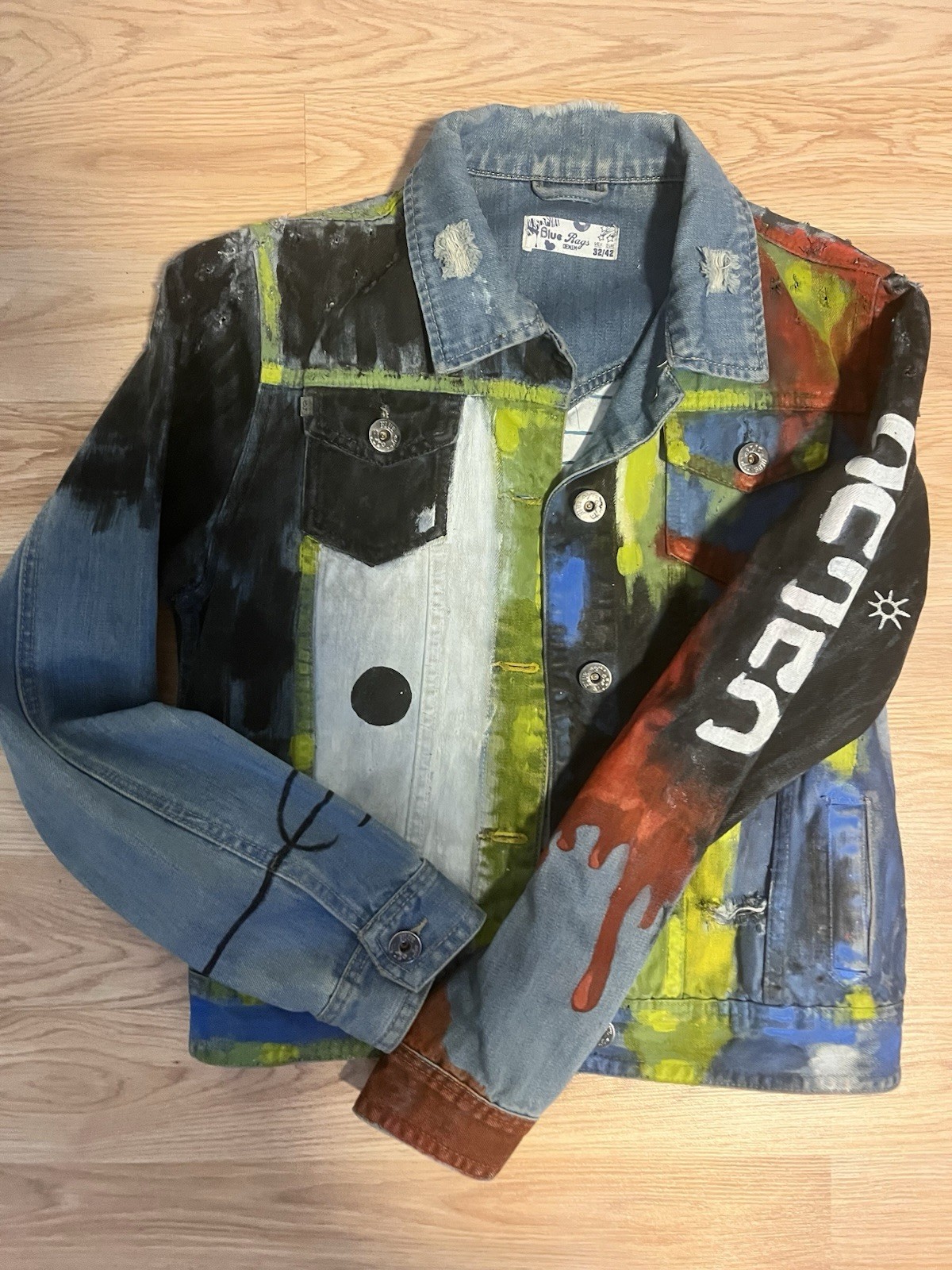 Jean Jacket Women Small Multicolor Upcycled Hand Painted Wearable Art Thrashed