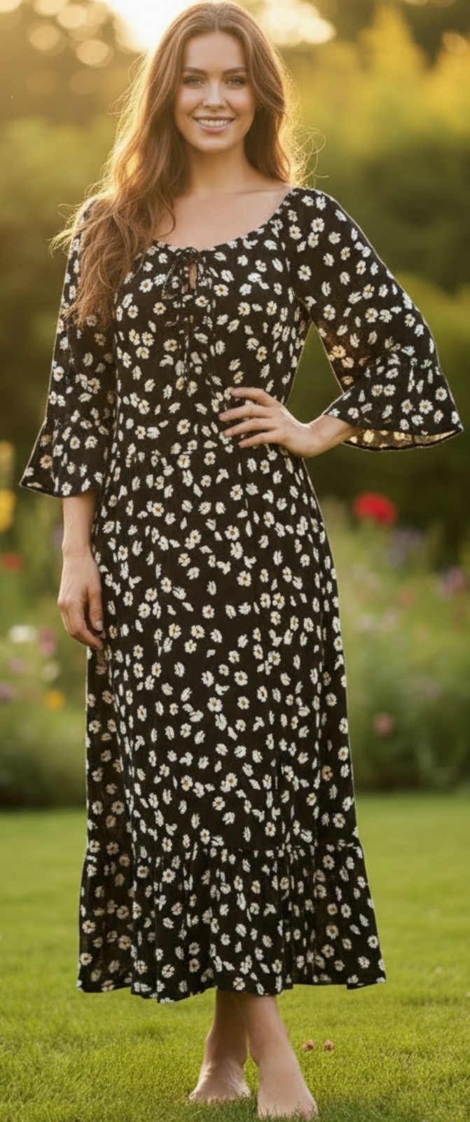 Mlle Gabrielle Women’s 1X Black Daisy Floral Ruched Midi Dress Puff Sleeves