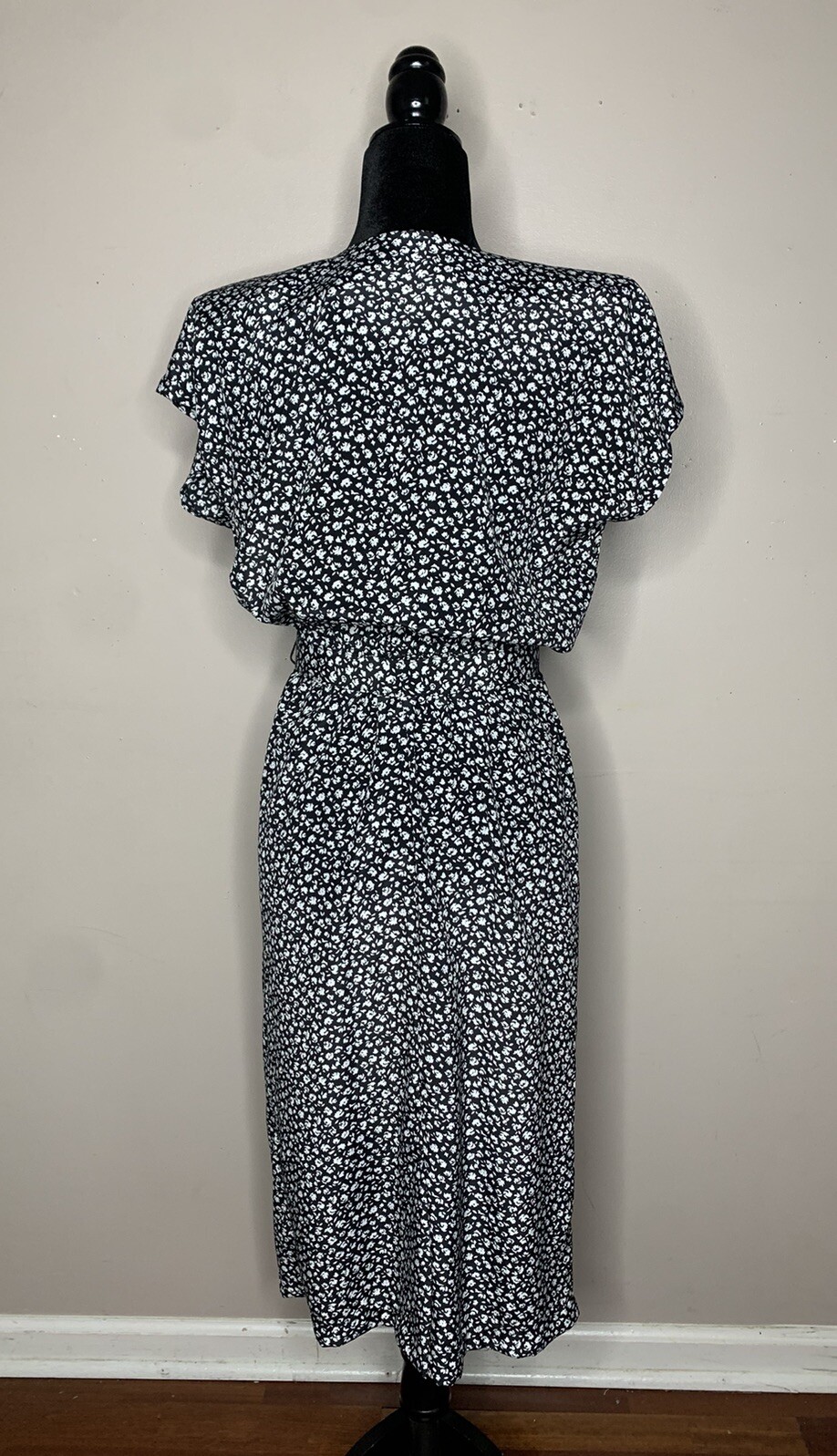 Vintage 80s Pellini Von Bramlett Black White Floral Belted MIDI Dress USA Sz 7/8