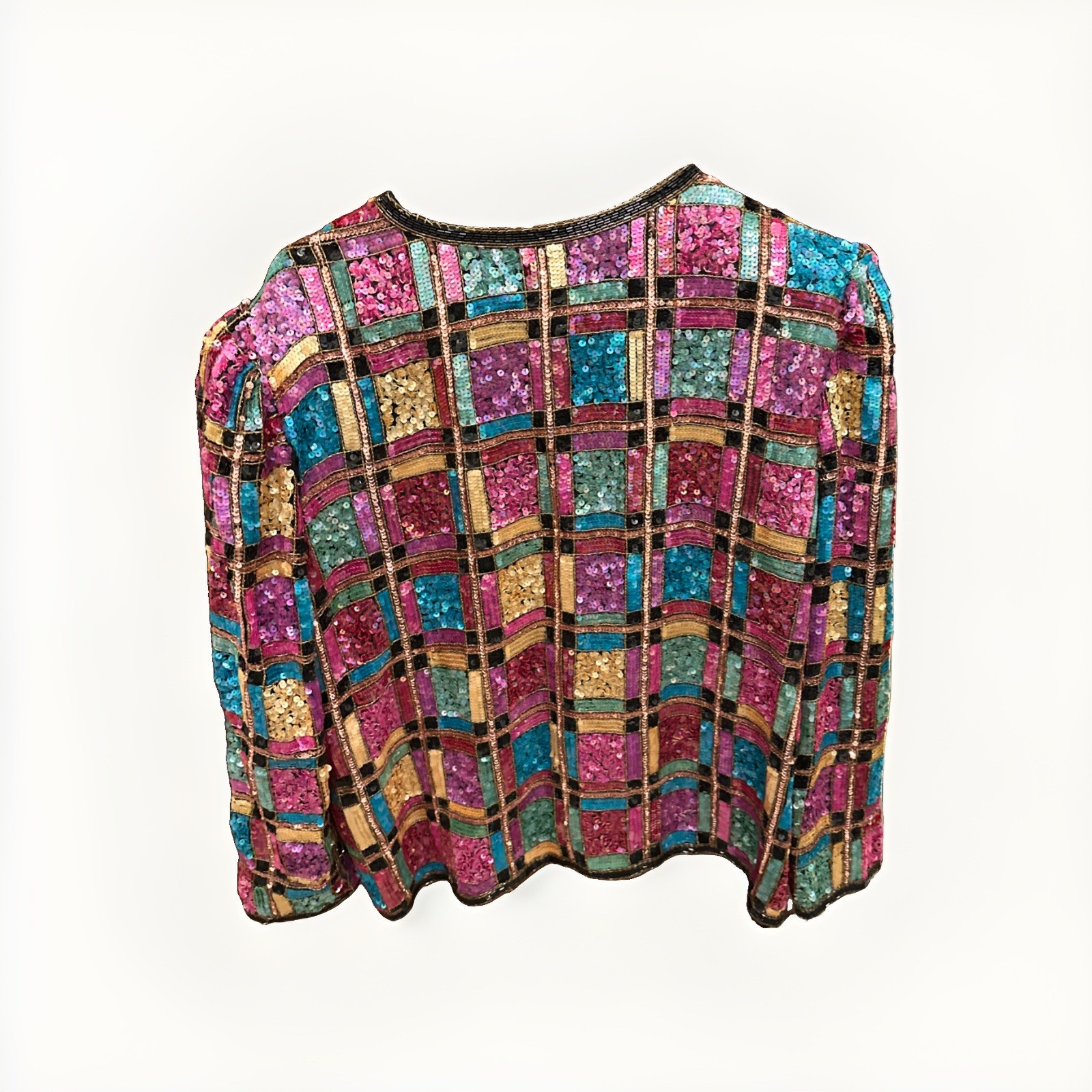 Laurence Kazar Beaded Sequin Jacket Women Xl Multi Color Silk Plaid Vintage