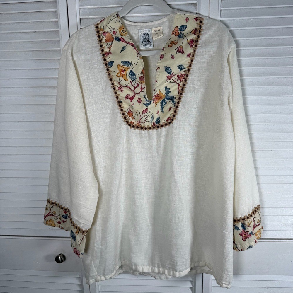 Vintage Kennington Ltd California Boho Floral Blouse Cream L