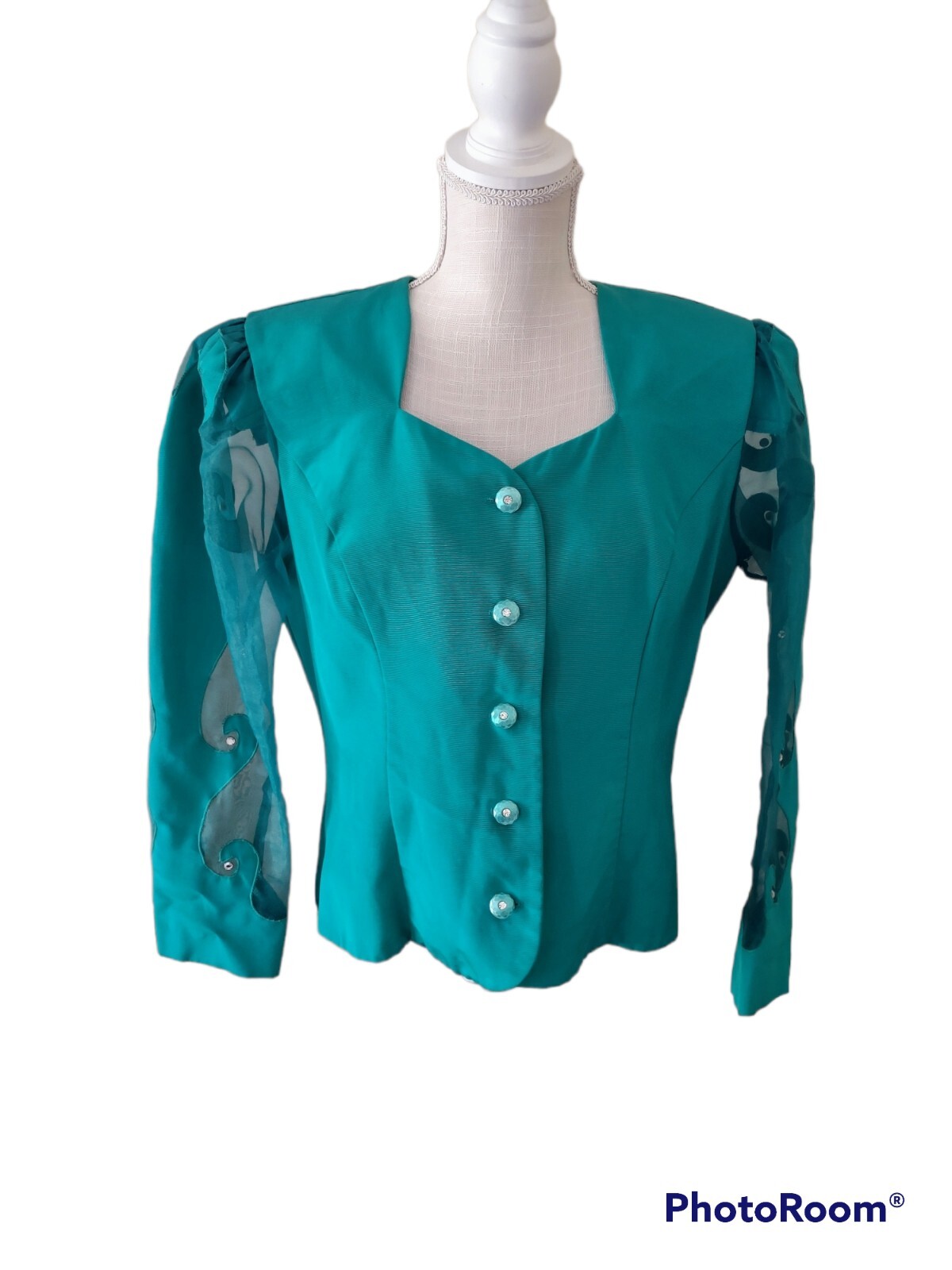 Vintage Women’s Green Top Jacket Retro Rhinestone button up Karen Miller 80s