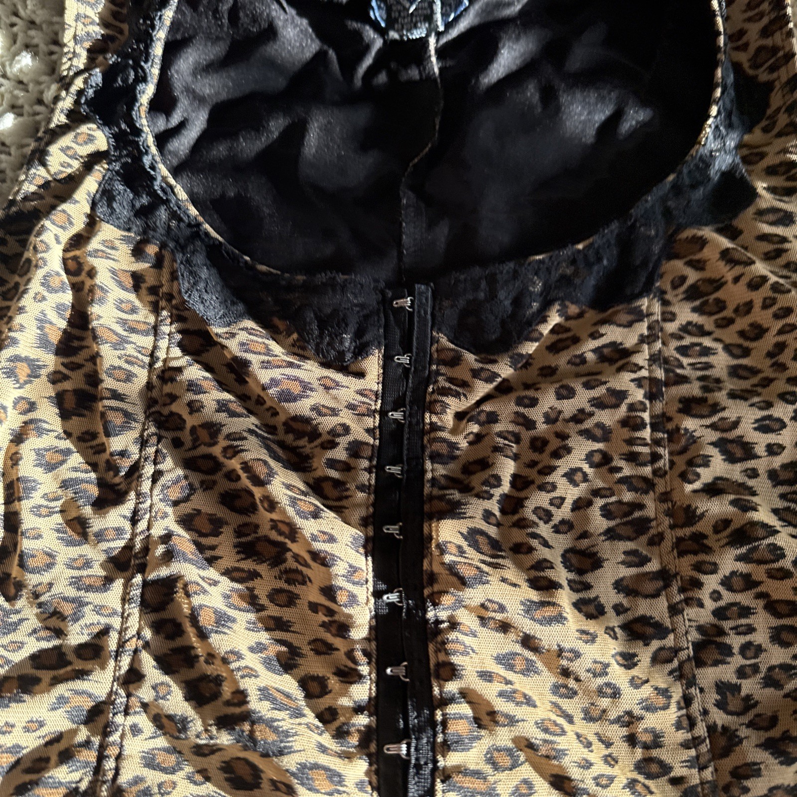 VTG Venezia Leopard Corset Top 18/20 Brown Lace Hook Eye Y2K Indie Sleaze Grunge