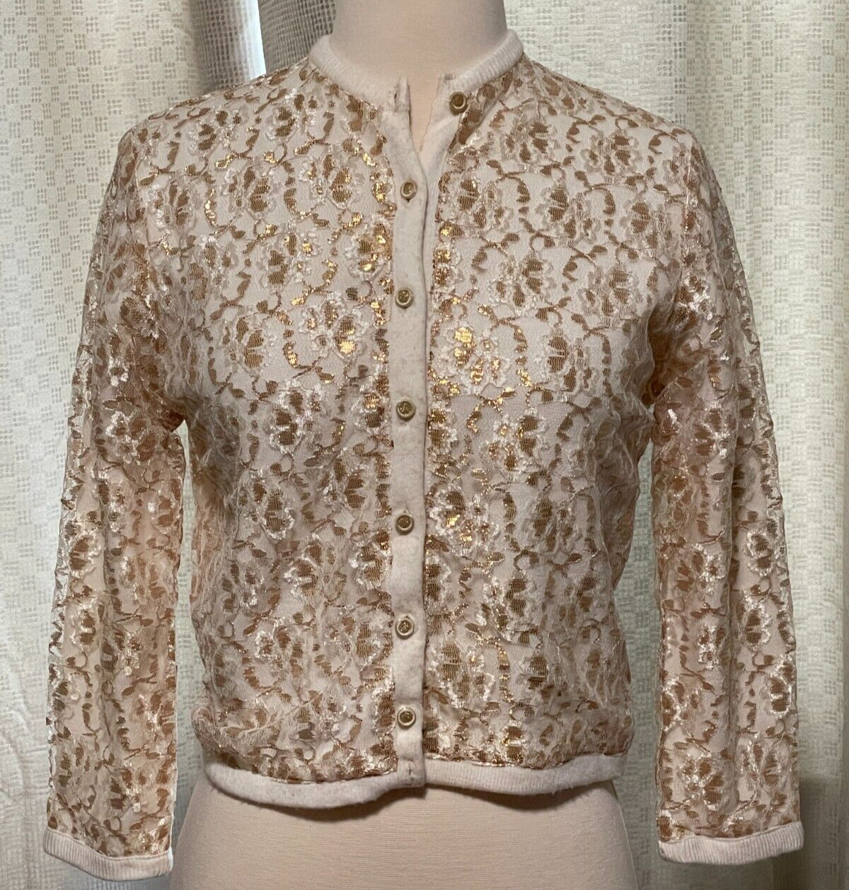 Vintage 1960’s Park Storyk Sweater Ivory and Gold Metallic Sparkle Lace Overlay