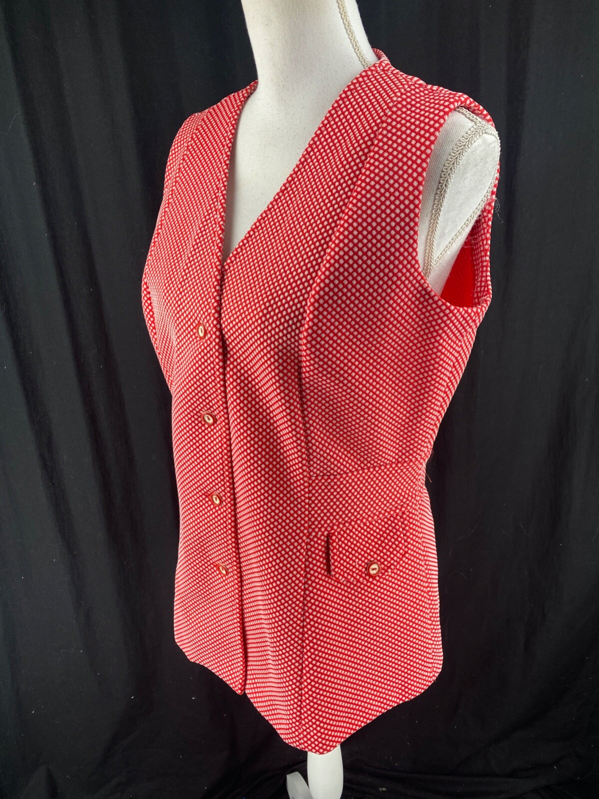 70s Womens Retro Mod Button Vest Argyle Hippie Boho Sleeveless Top Red