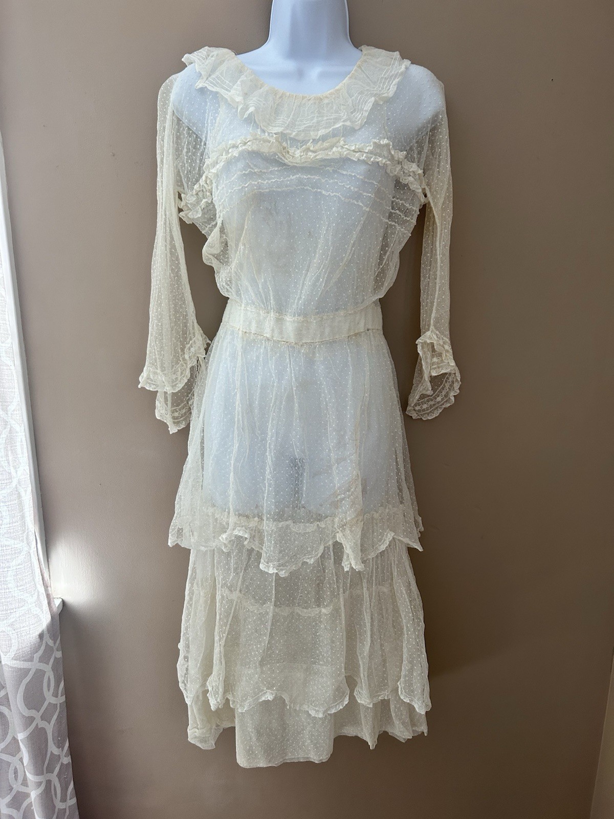 Antique Edwardian Dress 1920 Ivory Mesh Lace 32 XS S Vintage Wedding Gown