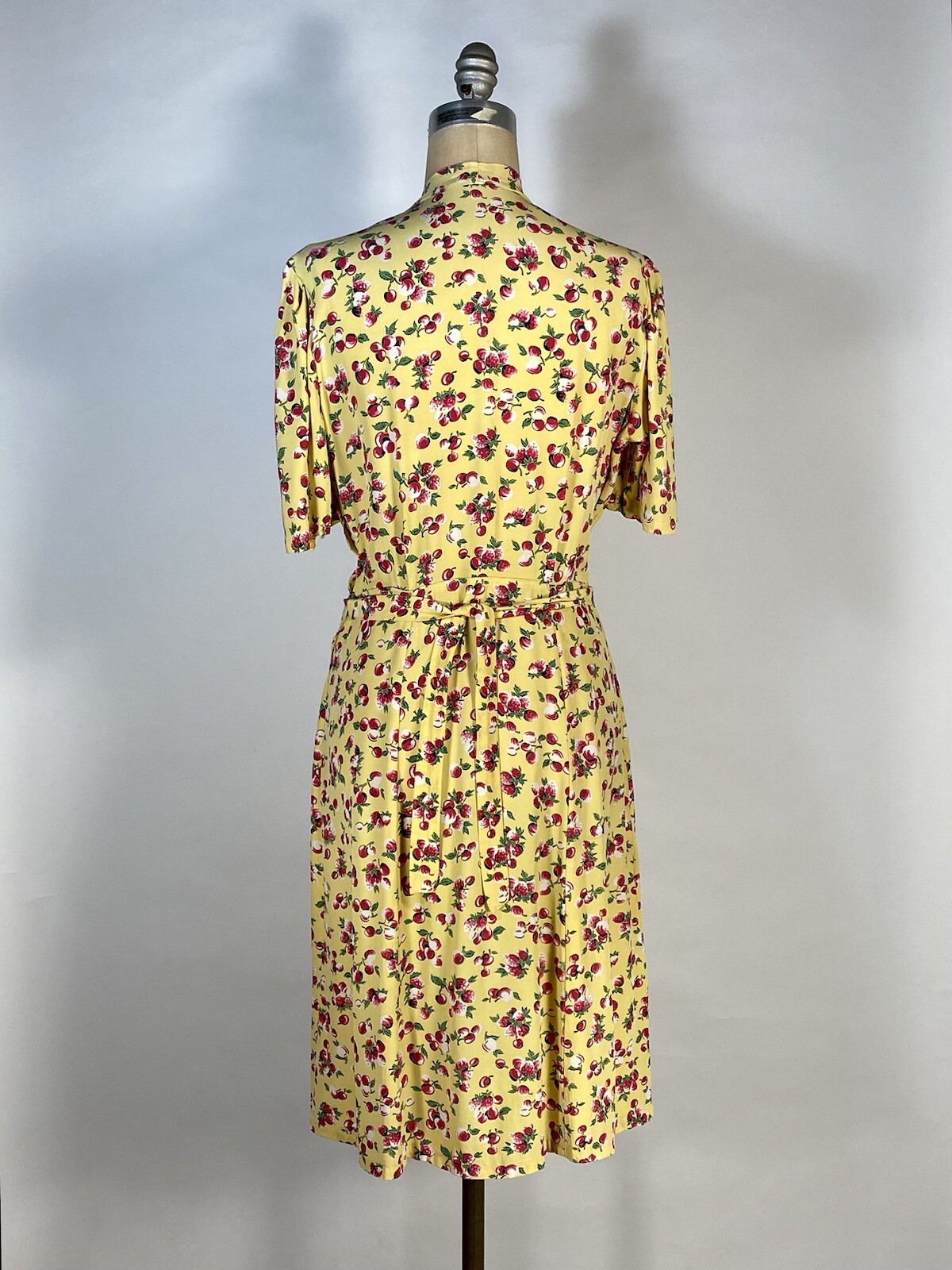 Vintage late 1930’s – 1940’s yellow rayon BERRIES & CHERRIES print swishy dress