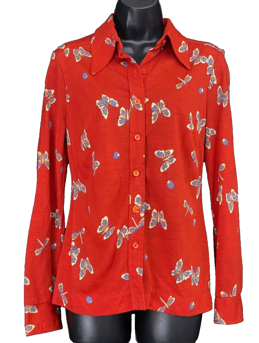 Vintage 1970s red novelty print shirt, bugs butterfly deadstock blouse top rust