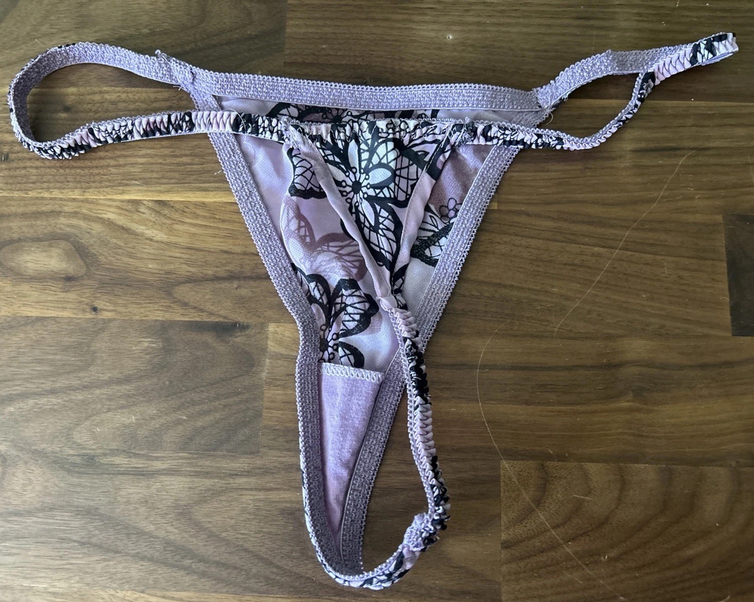 Vtg Apt. 9 Thong V String Sheer Panties Bikini Underwear Purple Floral SEXY Lg