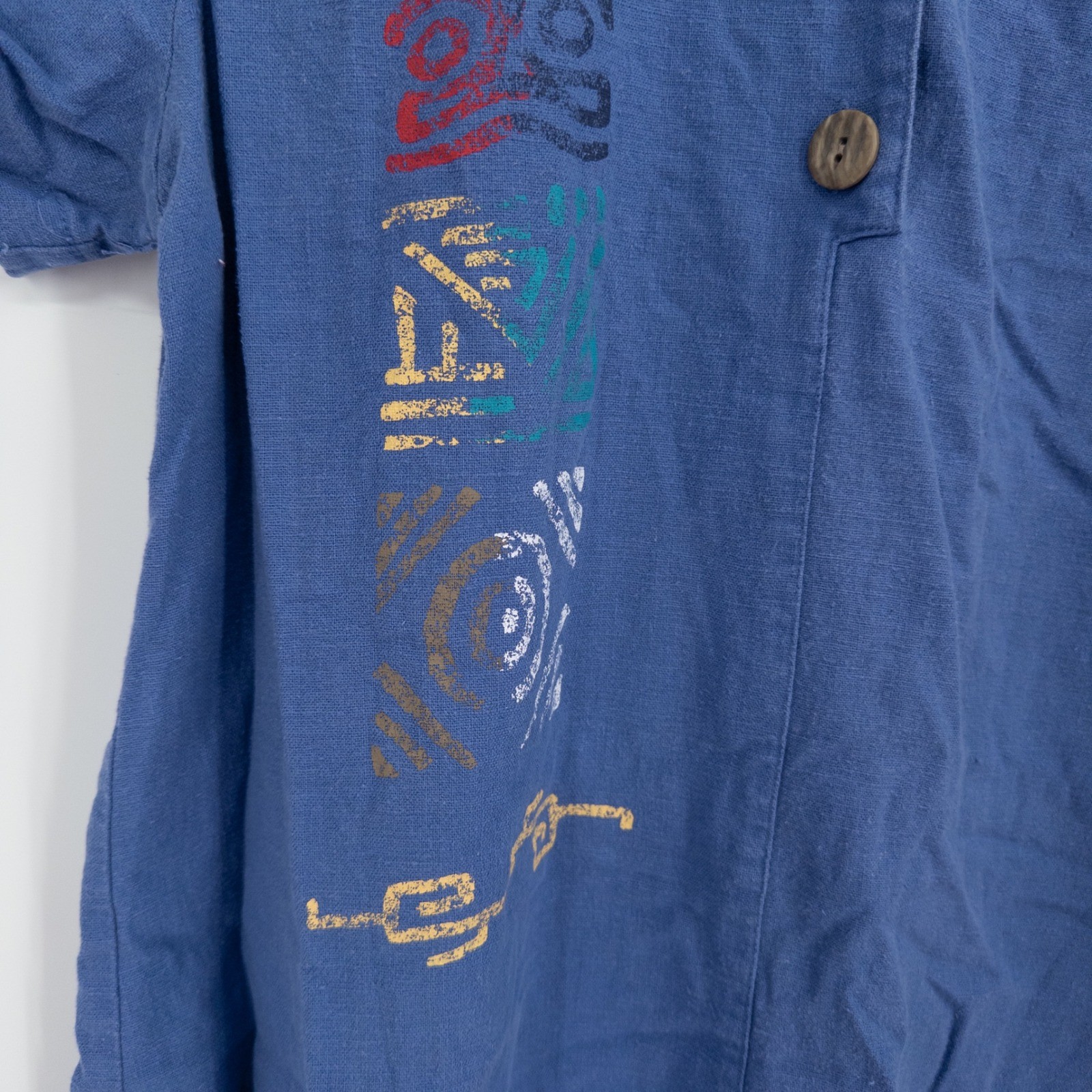 Vintage 90s Henley Dress Womens 8 Blue Linen Blend Boho Art to Wear Southwestern