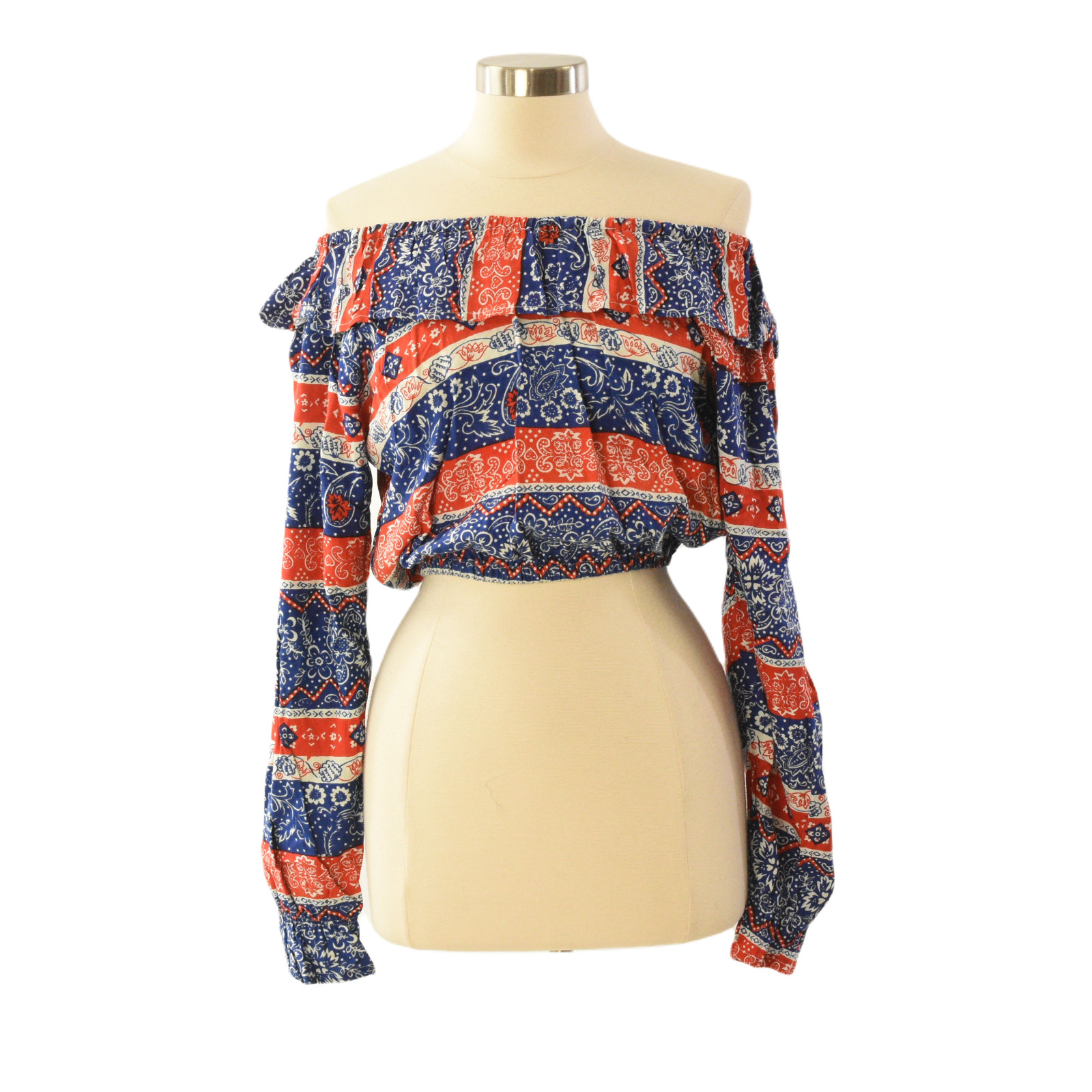 1990s Bonjour Red White Blue Striped Bandana Print Crop Top L