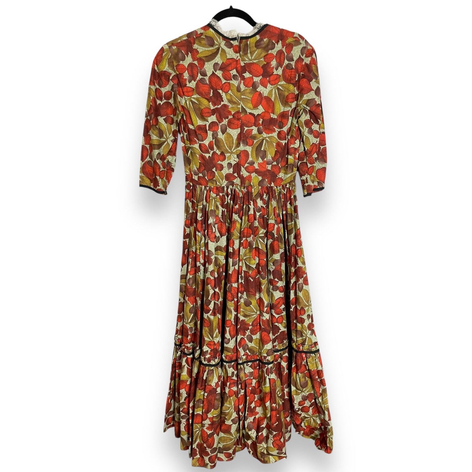 Vintage 60s 70s Handmade Fall Leaves Cotton Full Sweep Dress Prairie Cottagecore