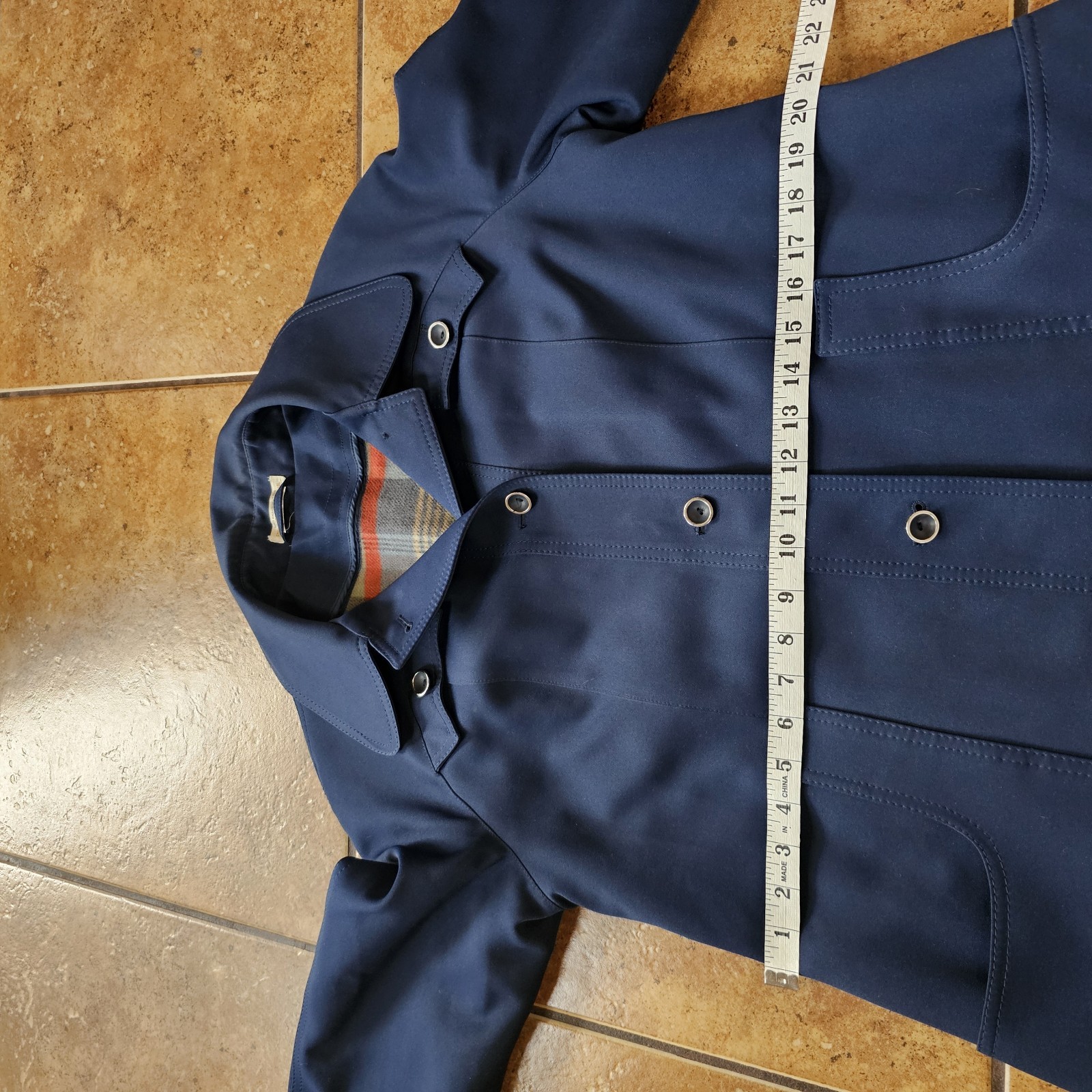 Vintage 70s Trench Coat Plaid Liner Dark Blue Mod Woven Polyester Jacket Classic