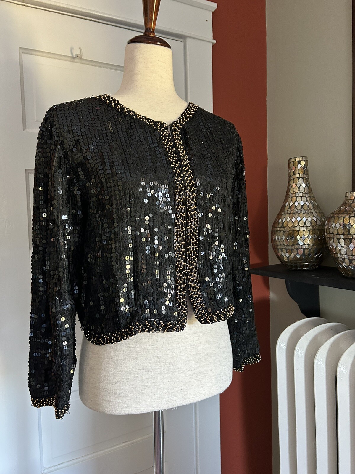 80s Beaded Sequin Black Gold Disco Party Funky Cropped Cardigan Sweater