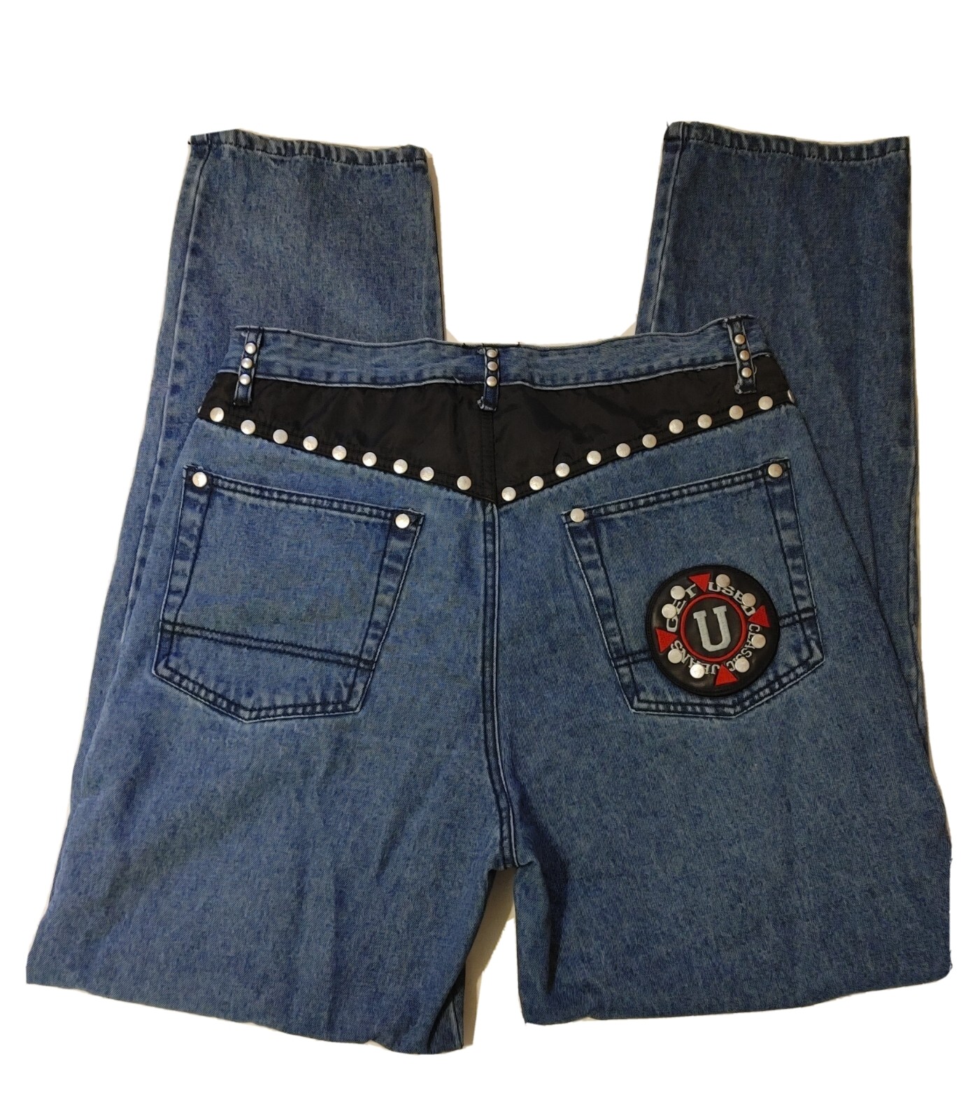 VTG. „GET USED” Denim Classic Jeans Size 12 Studded 1980’s Hip Hop 31″W X 31″L