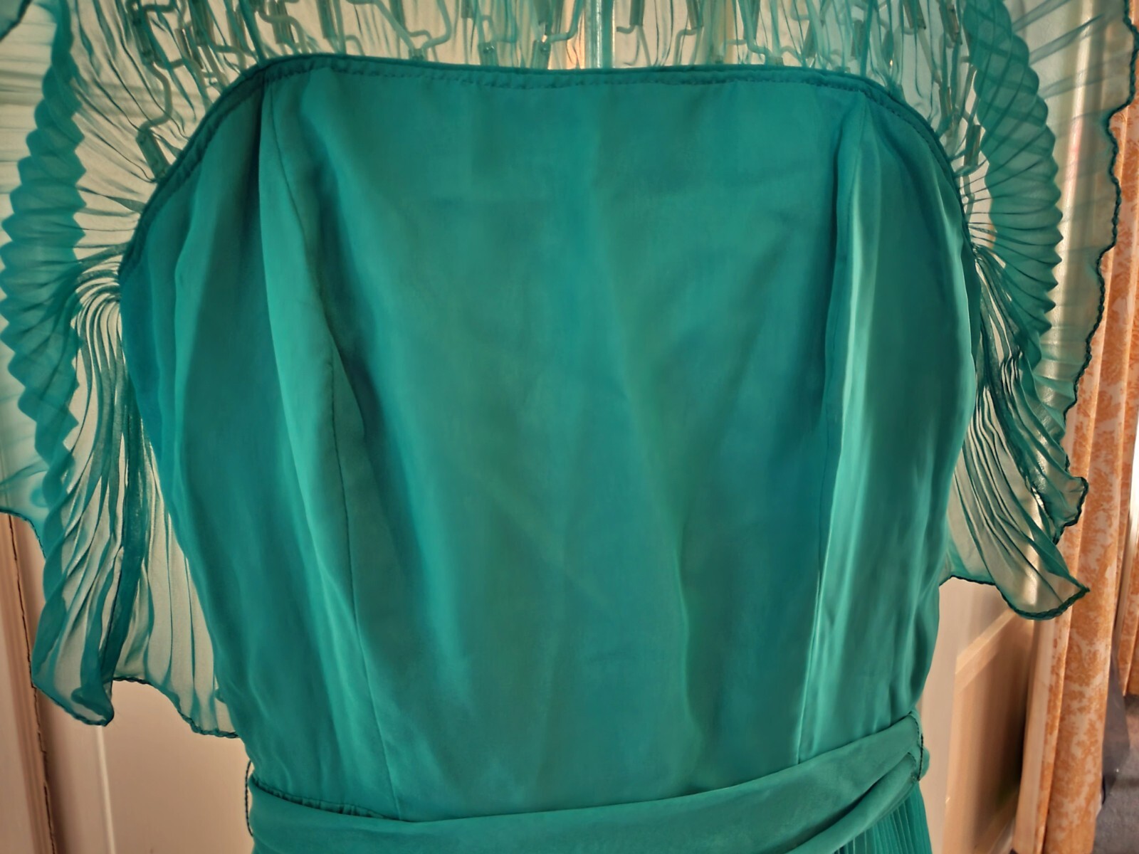 VTG 70s SHEER CHIFFON PLEATED DRESS GOWN Jade Green SIZE S/M Prom Wedding Formal