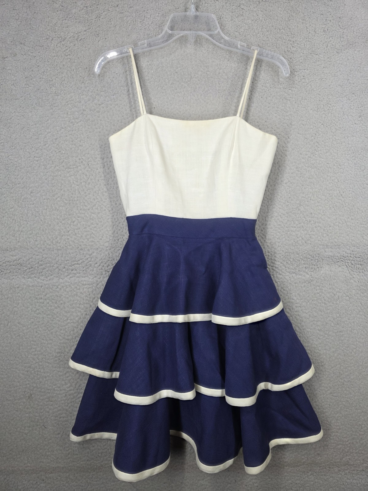 Vintage Fit & Flare Dress Size XXS Linen 80s Does 50s Tiered Ruffled Skirt Navy