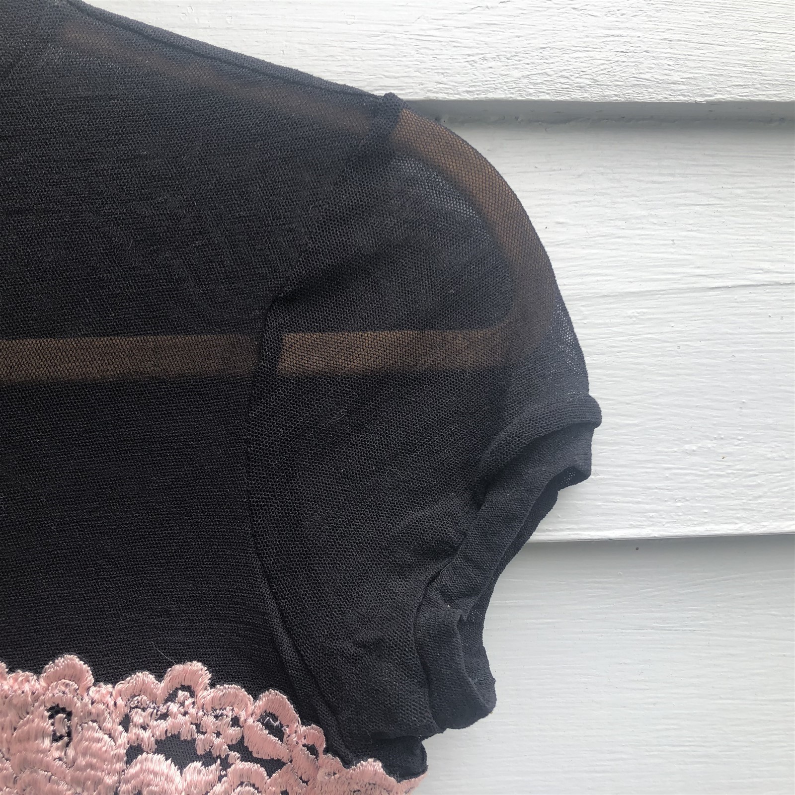 Vintage Black Sheer Mesh Camisole Wide Pink Lace Band Under Layer Garment Small
