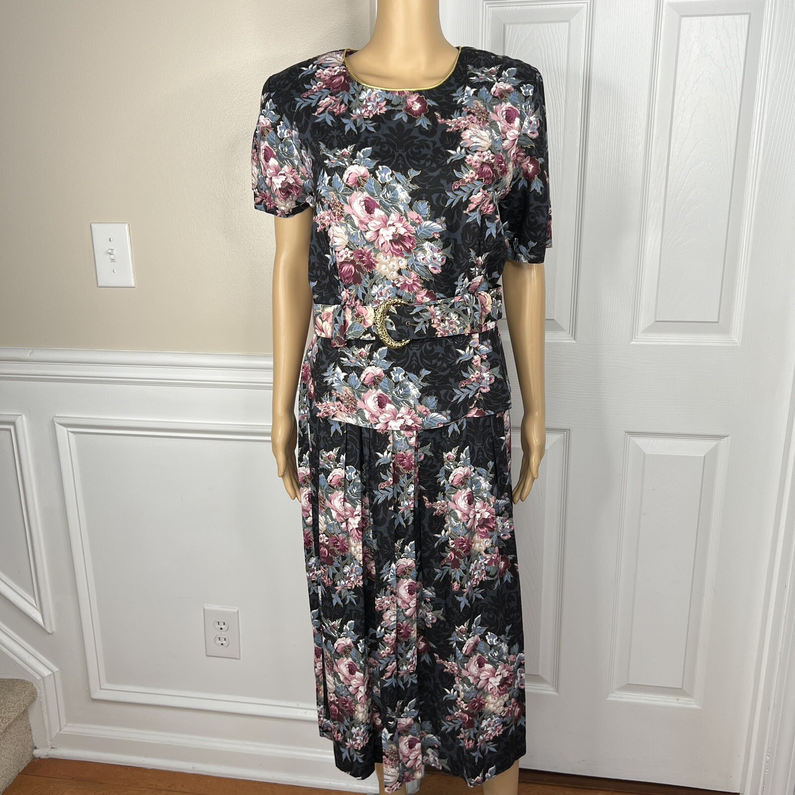 DBY USA Vintage 80s Cotton Rayon Dress Size 15/16 Floral Cowgirl Belted Pleated