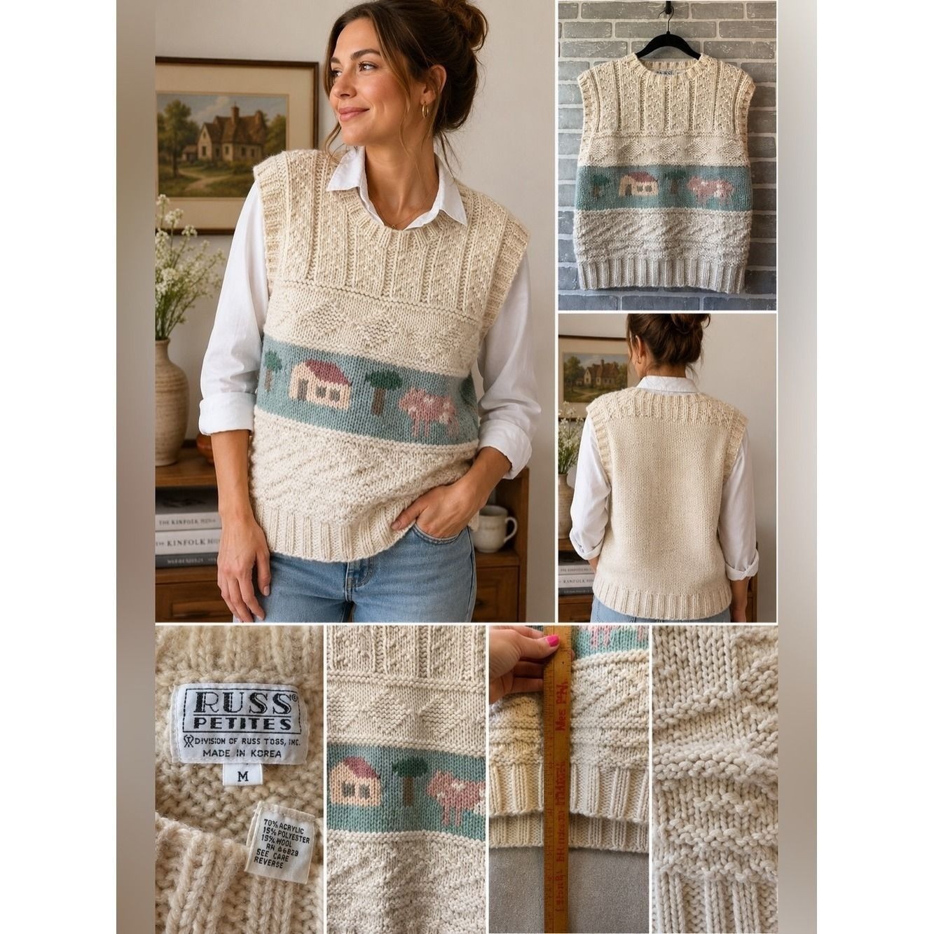 Vintage Russ Petites Cottagecore Sweater Vest Farm Sheep Knit Size M