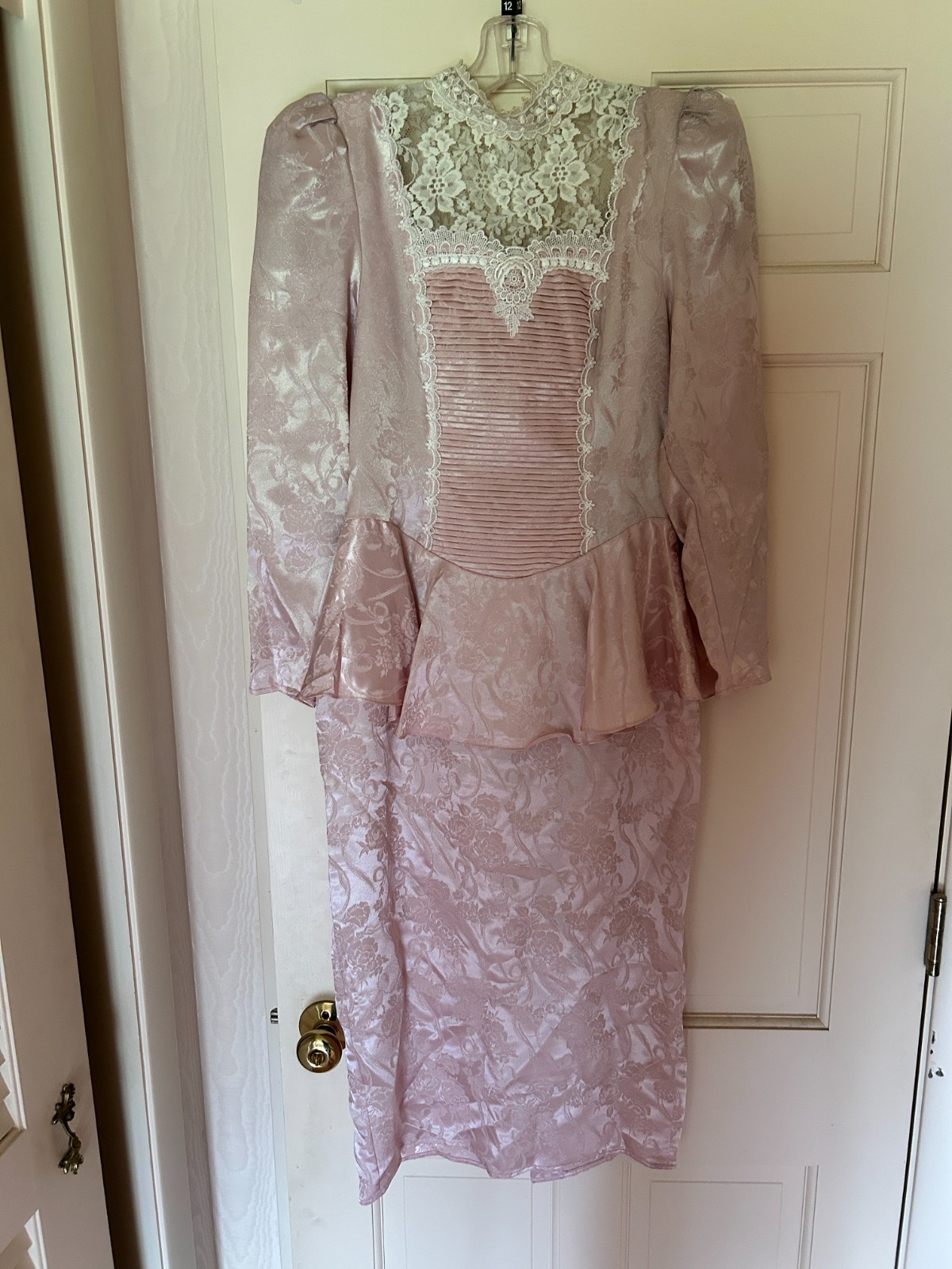 Scott McClintock pink cream brocade lace peplum bow midi dress bridal