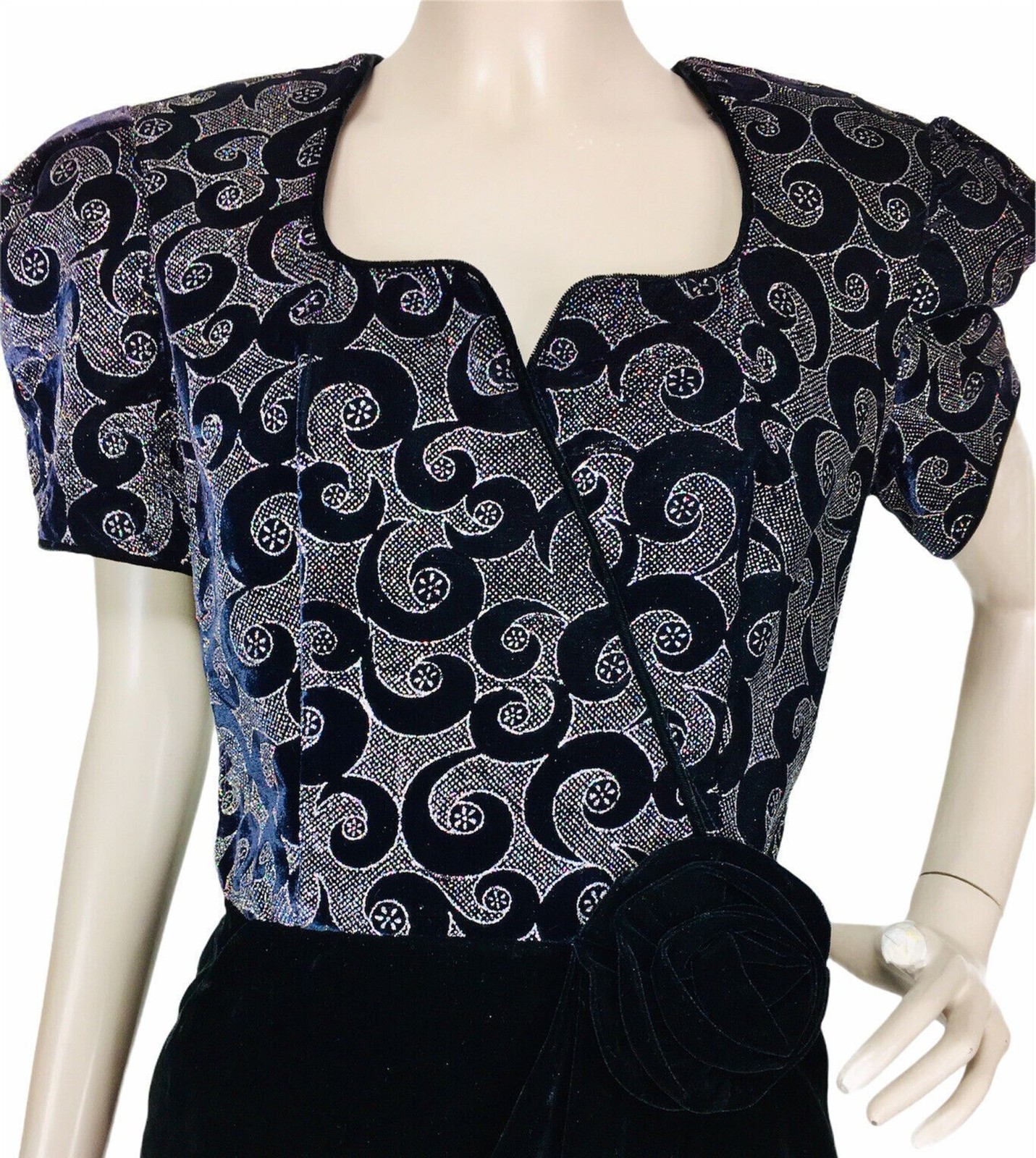Vintage Velvet Glitter Swirl Puff Sleeve Faux Wrap Rosette Cocktail Wiggle Dress