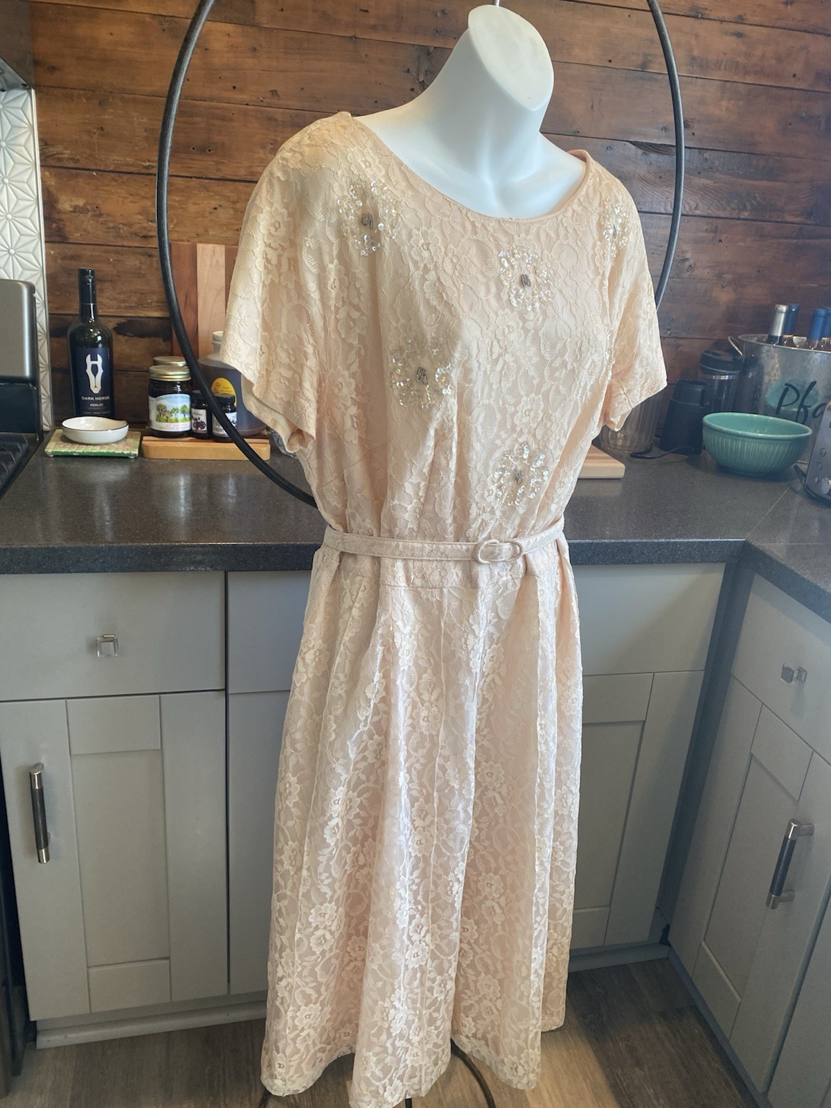 True VTG Handmade 50’s lace Rhinestone Cocktail Dress Ivory Peach 46” Bust