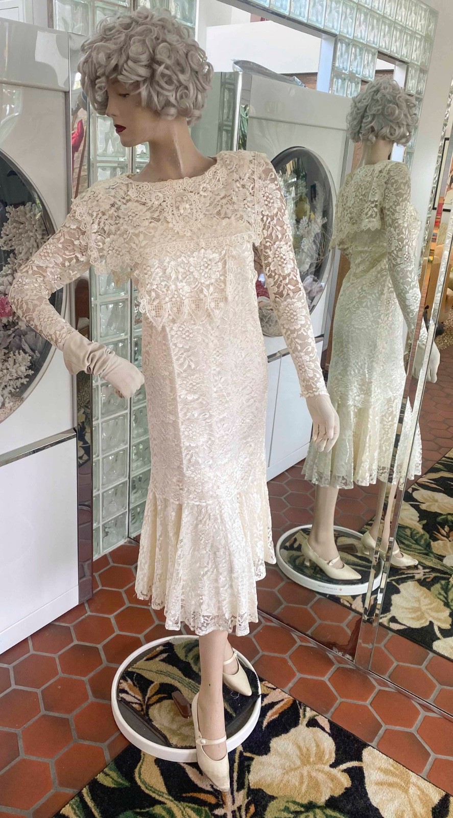 VTG 1980s copies 1920s-Ivory Lace Drop Waist Dress size XSP Fapper Gatsby