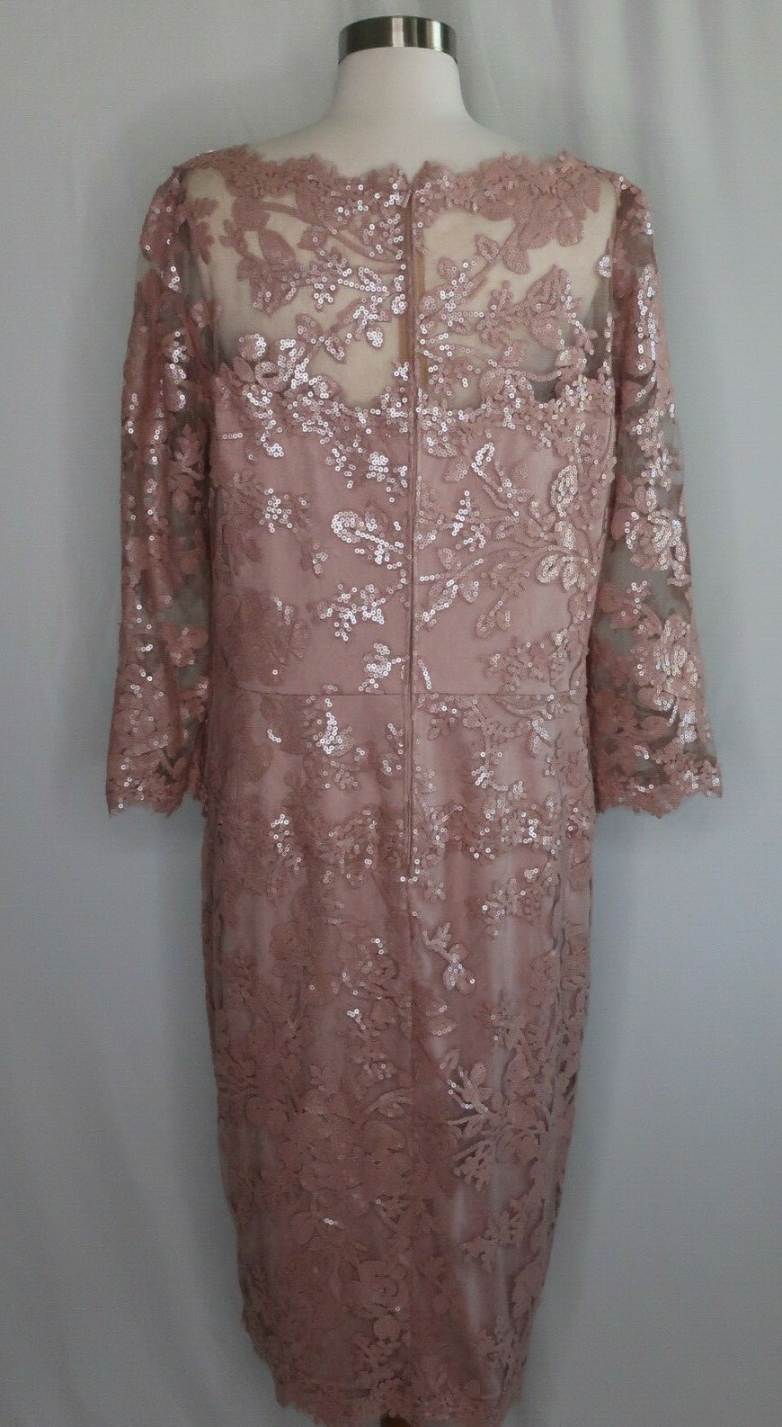 Tadashi Shoji Rose Pink Sequin Lace Floral Sheer Evening Cocktail Dress Sz 16
