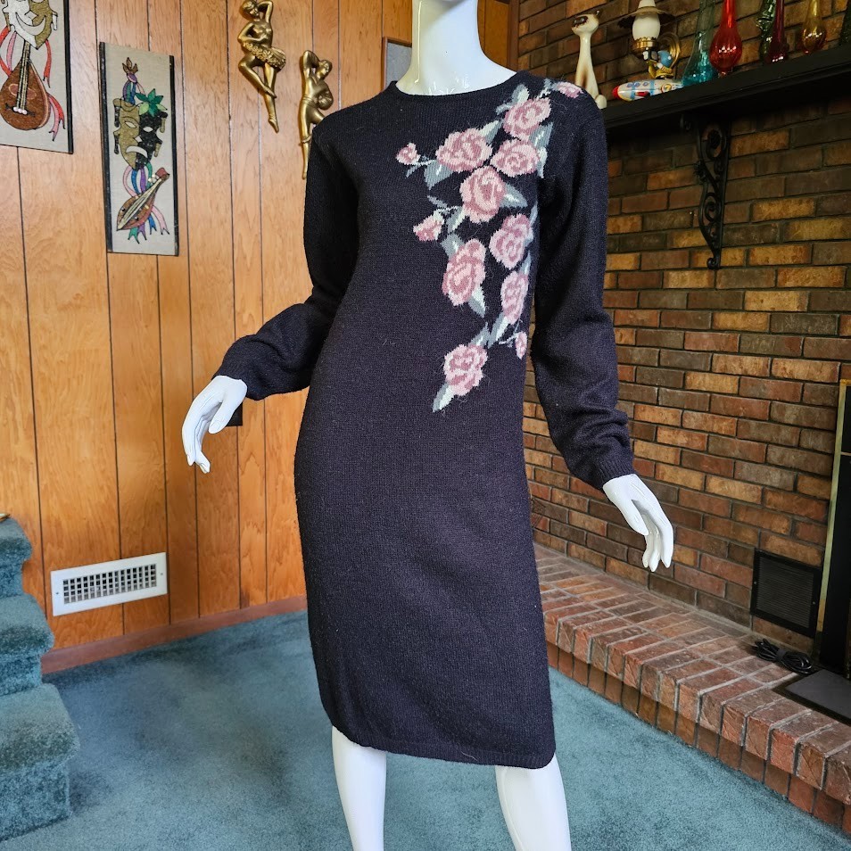 Vtg 80s New Wave Preppy Mall Rat Knit Floral Sweater Wiggle Bodycon Dress M/L