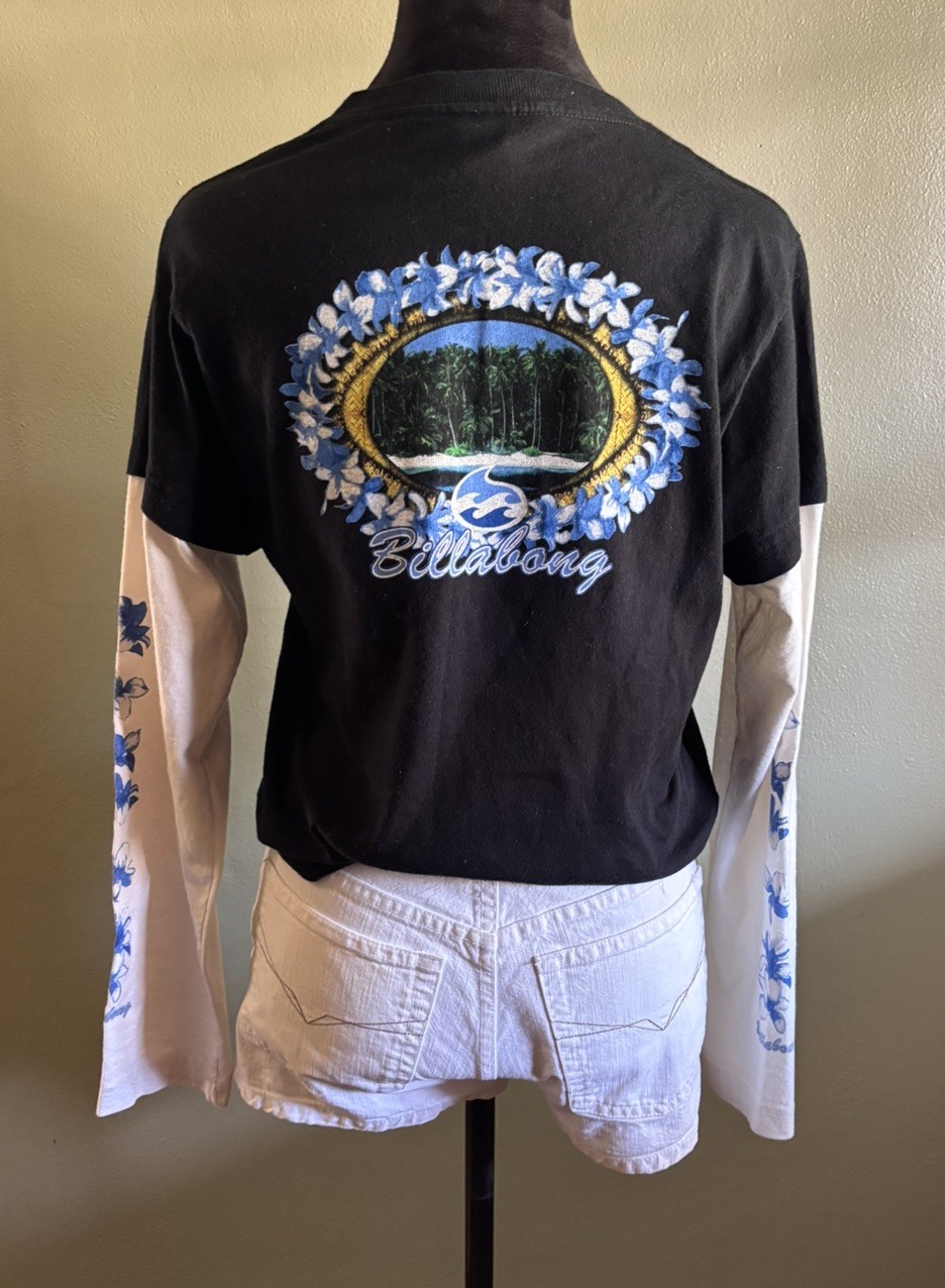 90s billabong Girls SURFER Layered TEE.floral/ Tropical 2 Sided Print.made USA.M