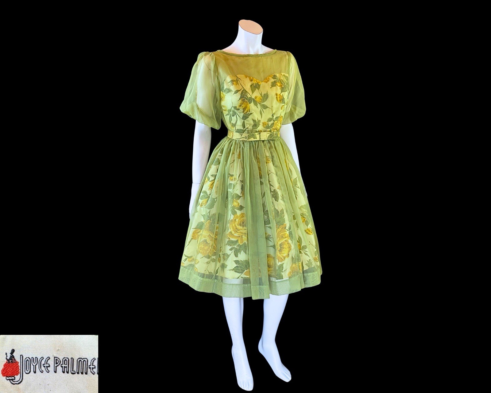 1950s Joyce Palmer Romantic Rose Floral Illusion Dress S